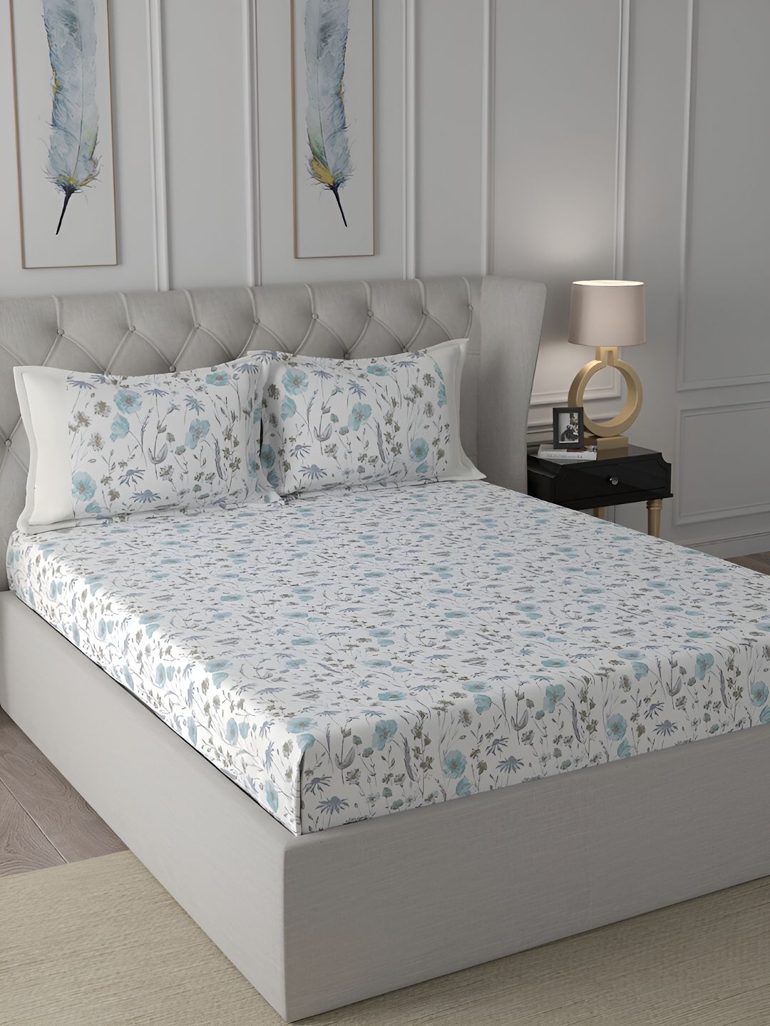 MASPAR MASPAR Hermosa Regency Jamila White Floral Cotton 144 TC Double Bedsheet with a Pillow Cover-88 x 60 inches