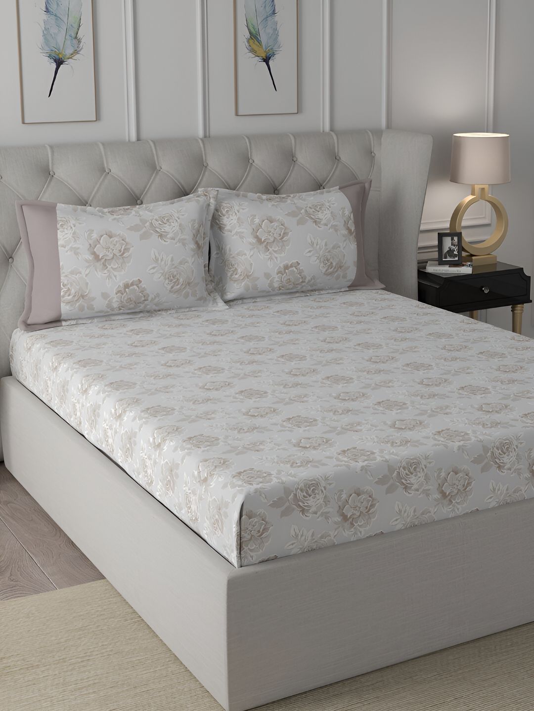 MASPAR MASPAR Hermosa Backyard Patio Silvie Beige Floral Cotton 200 TC Double Bedsheet with a Pillow Cover-60 x 88 inches