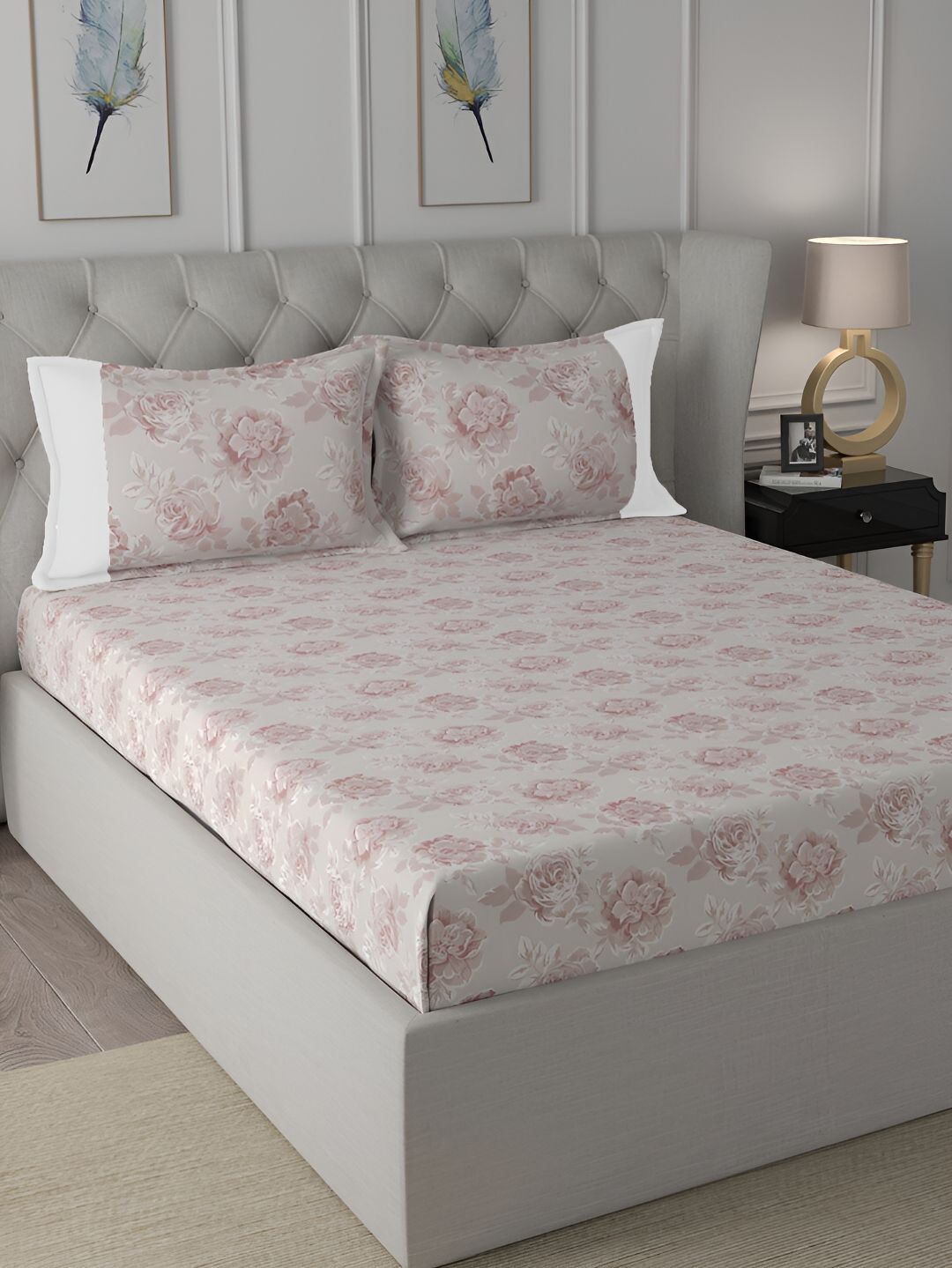 MASPAR MASPAR Backyard Patio Grey Floral Cotton 200 TC Single Fine Bedsheet with a Pillow Cover-2.24 x 1.52 cm