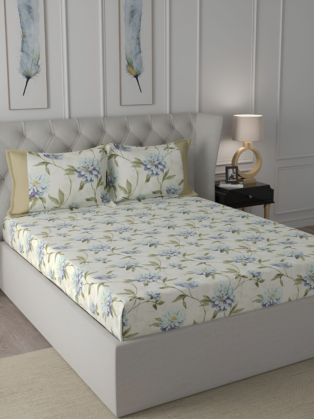 MASPAR MASPAR Regency Blue Floral Cotton 144 TC Double Bedsheet with a Pillow Cover-60 x 88 inches