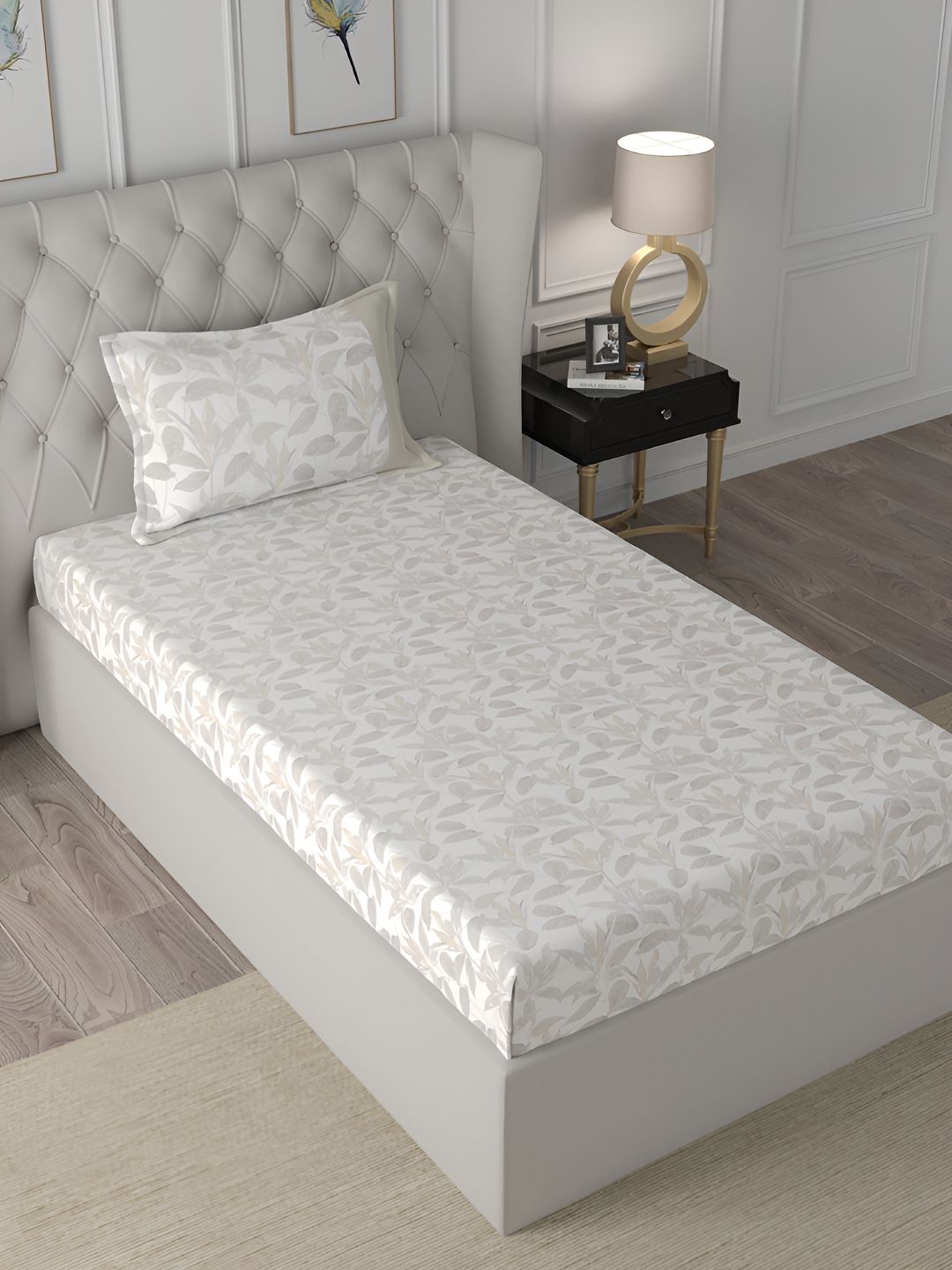 MASPAR MASPAR Hermosa Exotic Bouquet Tropical Garden Beige Leaf Cotton 200 TC Single Bedsheet with a Pillow Cover-60 x 88 inches