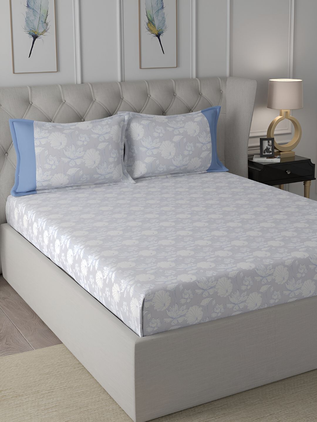MASPAR MASPAR Blue Floral Cotton Skin-Friendly 200 TC Single Bedsheet with a Pillow Cover-60 x 88 inches