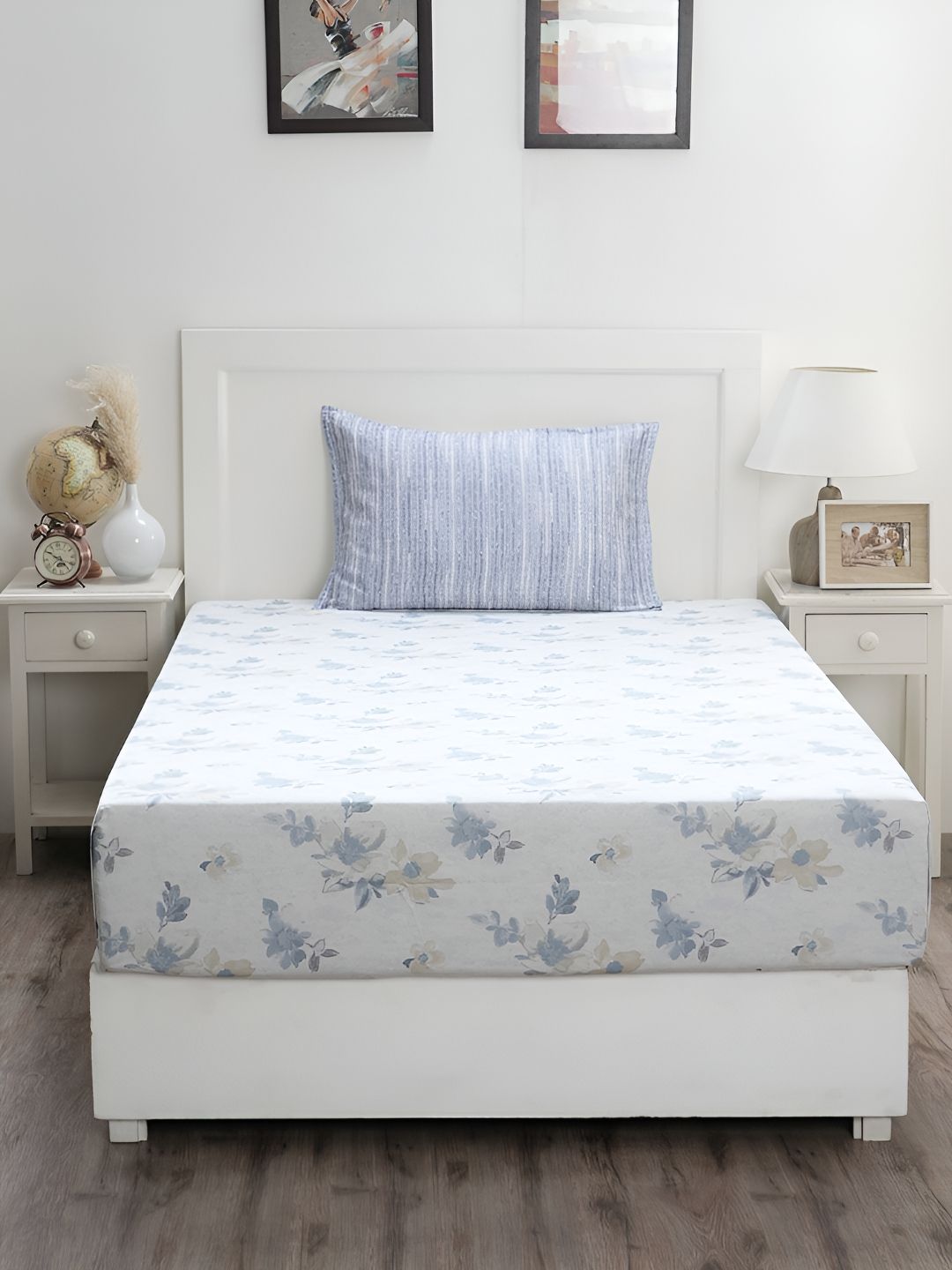 MASPAR MASPAR White Floral Cotton 300 TC Single Superfine Bedsheet with a Pillow Cover-224 x 152 cm