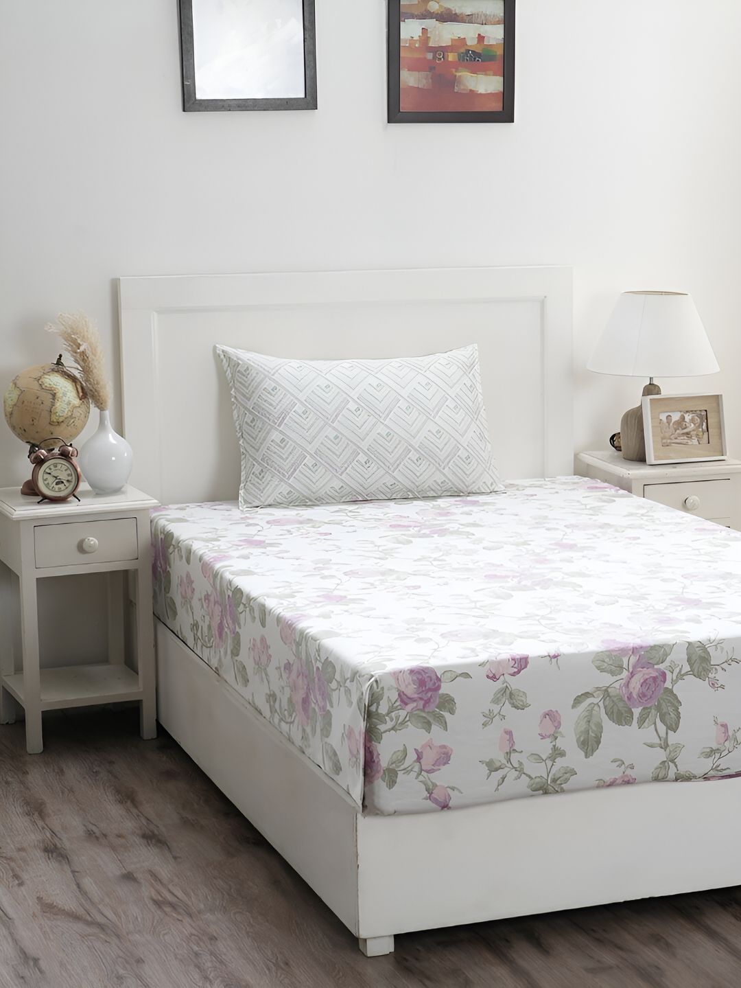 MASPAR MASPAR Optimist Bloom White Floral Cotton 300 TC Single Fine Bedsheet with a Pillow Cover-224 x 152 cm