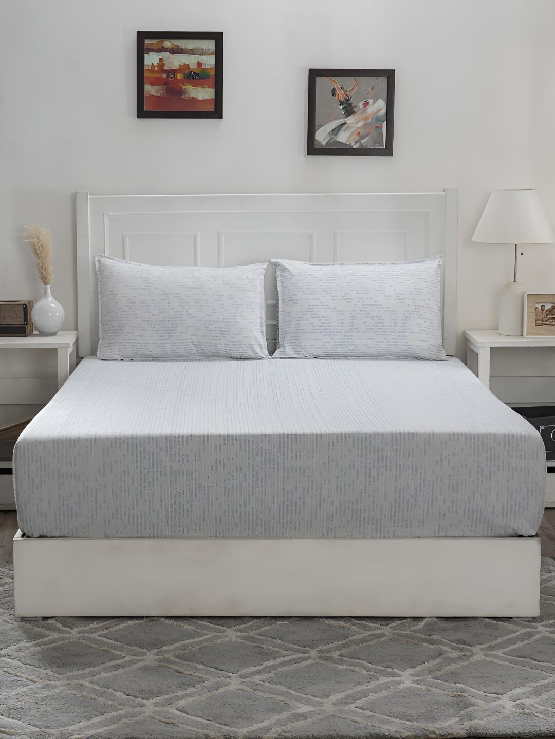 MASPAR MASPAR Hermosa Optimist Bloom Canopus White Abstract Cotton 144 TC Queen Bedsheet with 2 Pillow Covers-108 x 88 inches