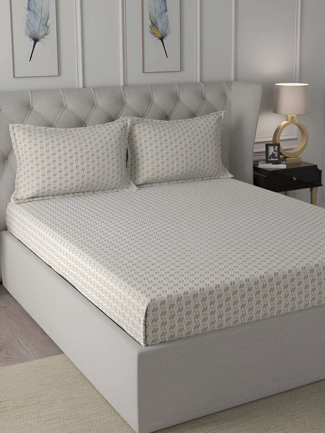 MASPAR MASPAR Beige Printed 144TC Cotton Double Bedsheet With 2 Pillow Cover