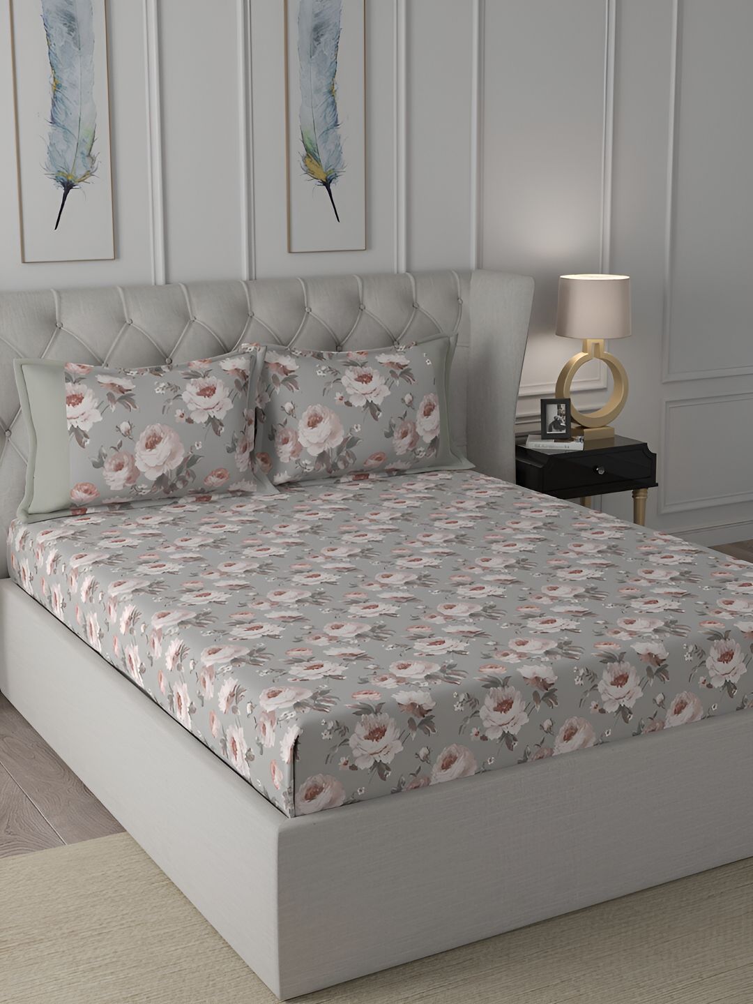 MASPAR MASPAR Pink Floral Cotton 144 TC Single Fine Bedsheet with 2 Pillow Covers-152 x 224 cm