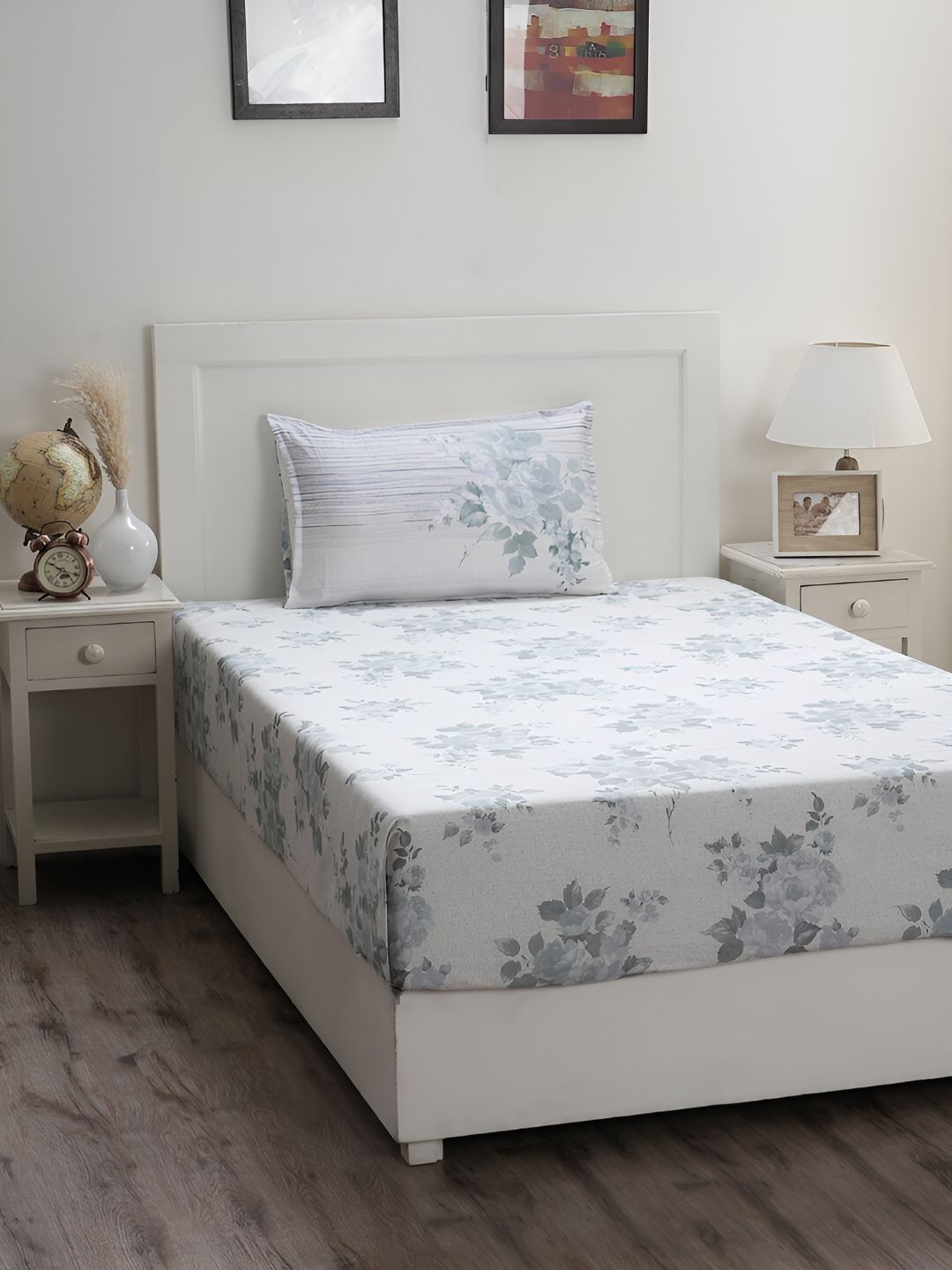 MASPAR MASPAR Optimist Bloom White Floral Cotton 300 TC Single Fine Bedsheet with a Pillow Cover-88 x 60 inches