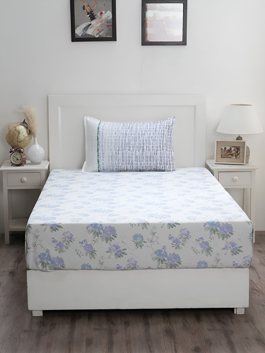 MASPAR MASPAR White Floral Cotton 300 TC Single Fine Bedsheet with a Pillow Cover-88 x 5984 inches