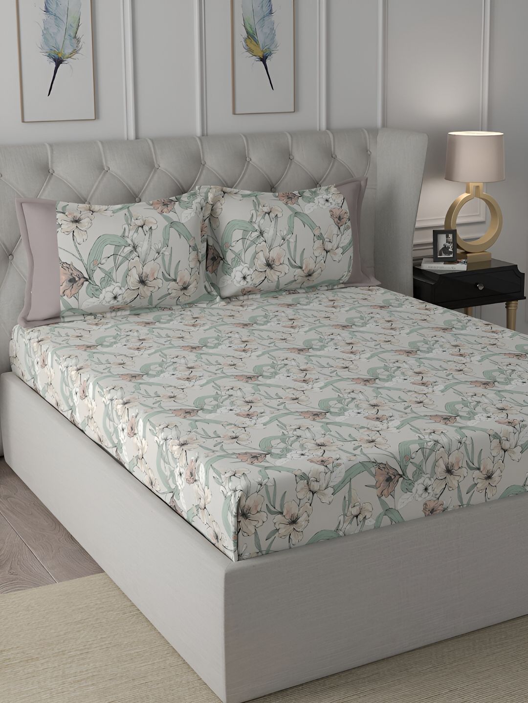 MASPAR MASPAR Hermosa Backyard Patio Valencia White Floral Cotton 200 TC Single Fine Bedsheet with 2 Pillow Covers-60 x 88 inches