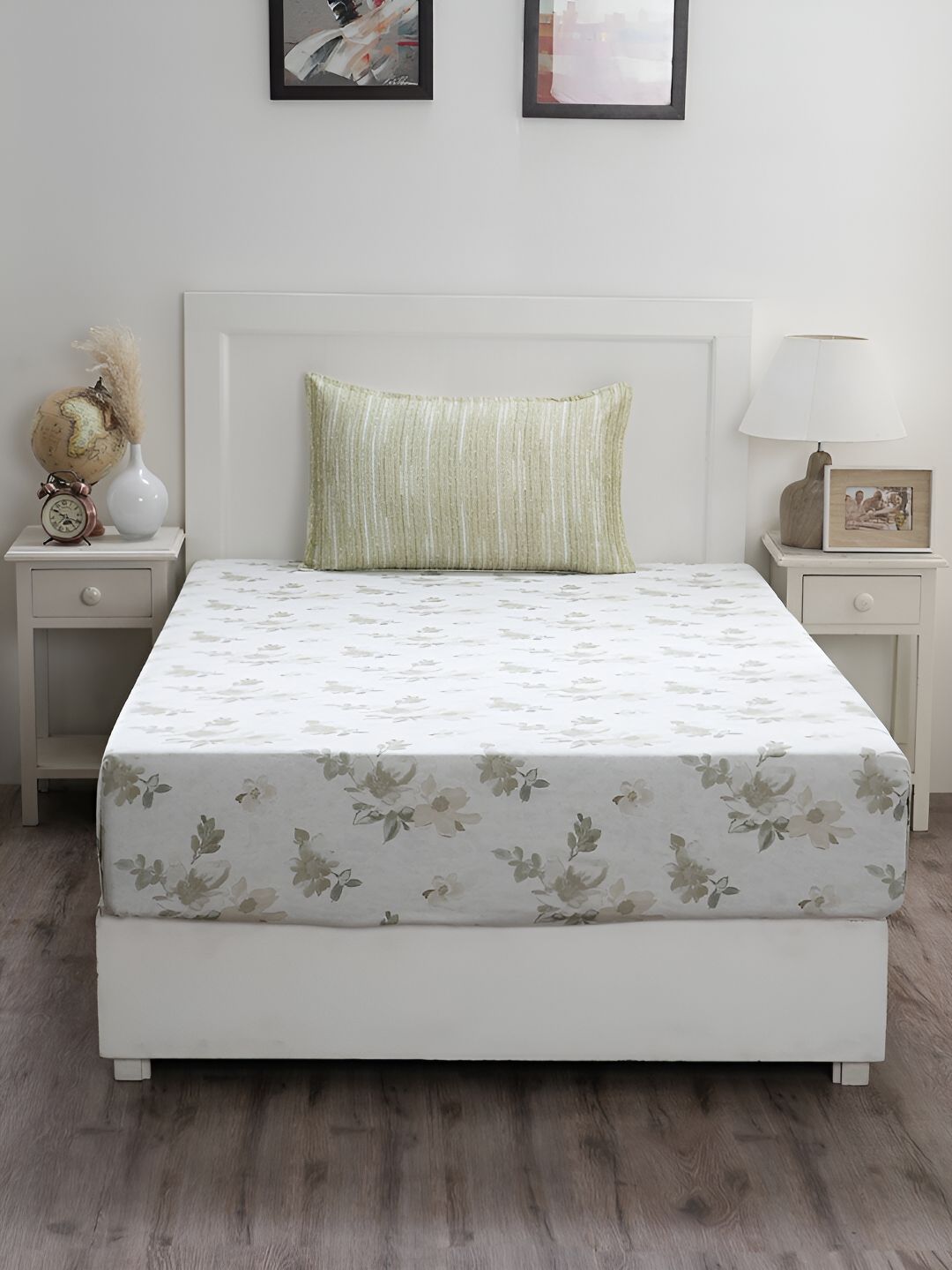 MASPAR MASPAR Hermosa Optimist Bloom Everly Green Floral Cotton 300 TC Single Fine Bedsheet with a Pillow Cover-60 x 88 inches