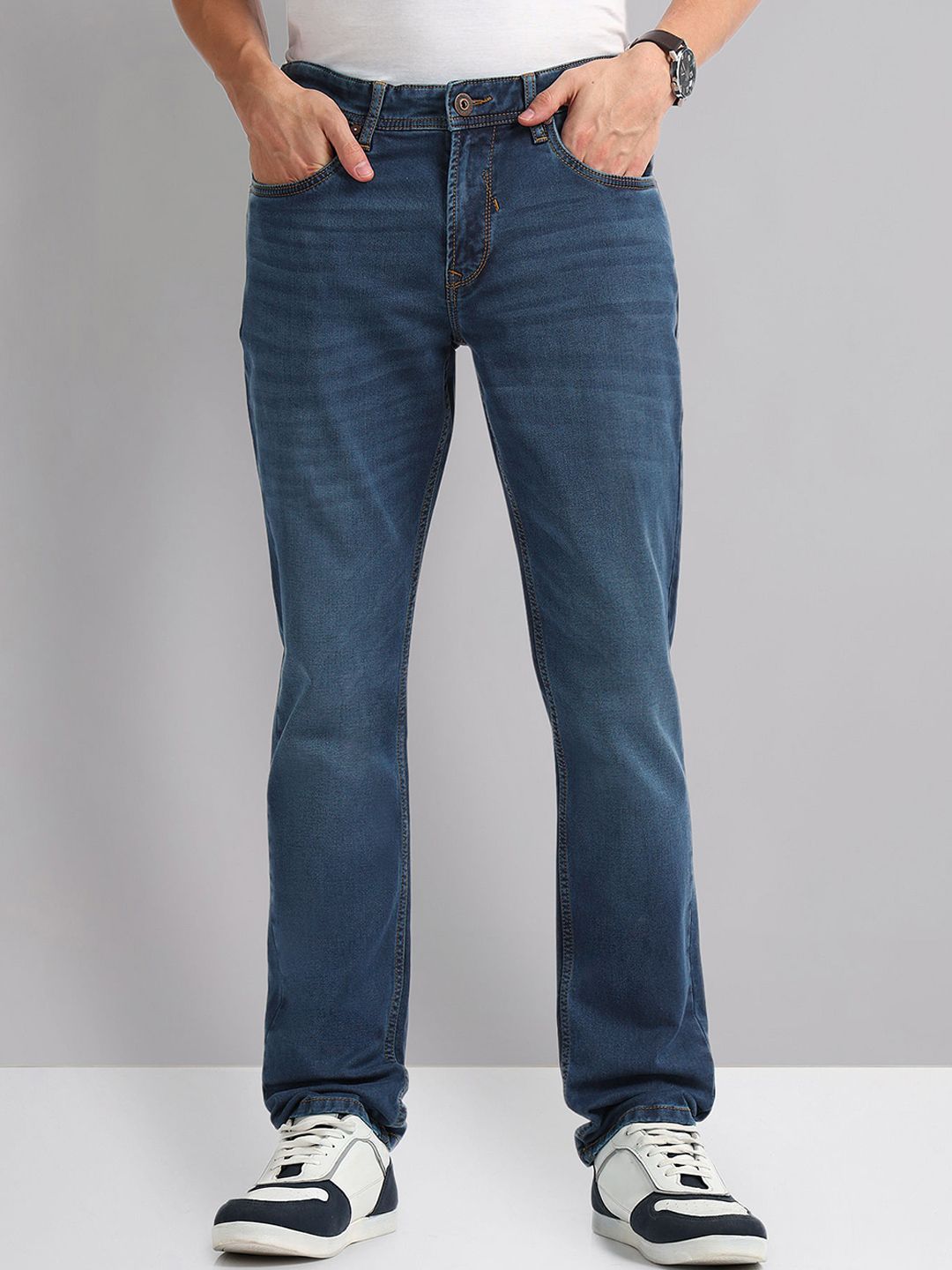 AD By Arvind Men Slim Fit Mid-Rise Dark Shade Light Fade Clean Look Stretchable Jeans