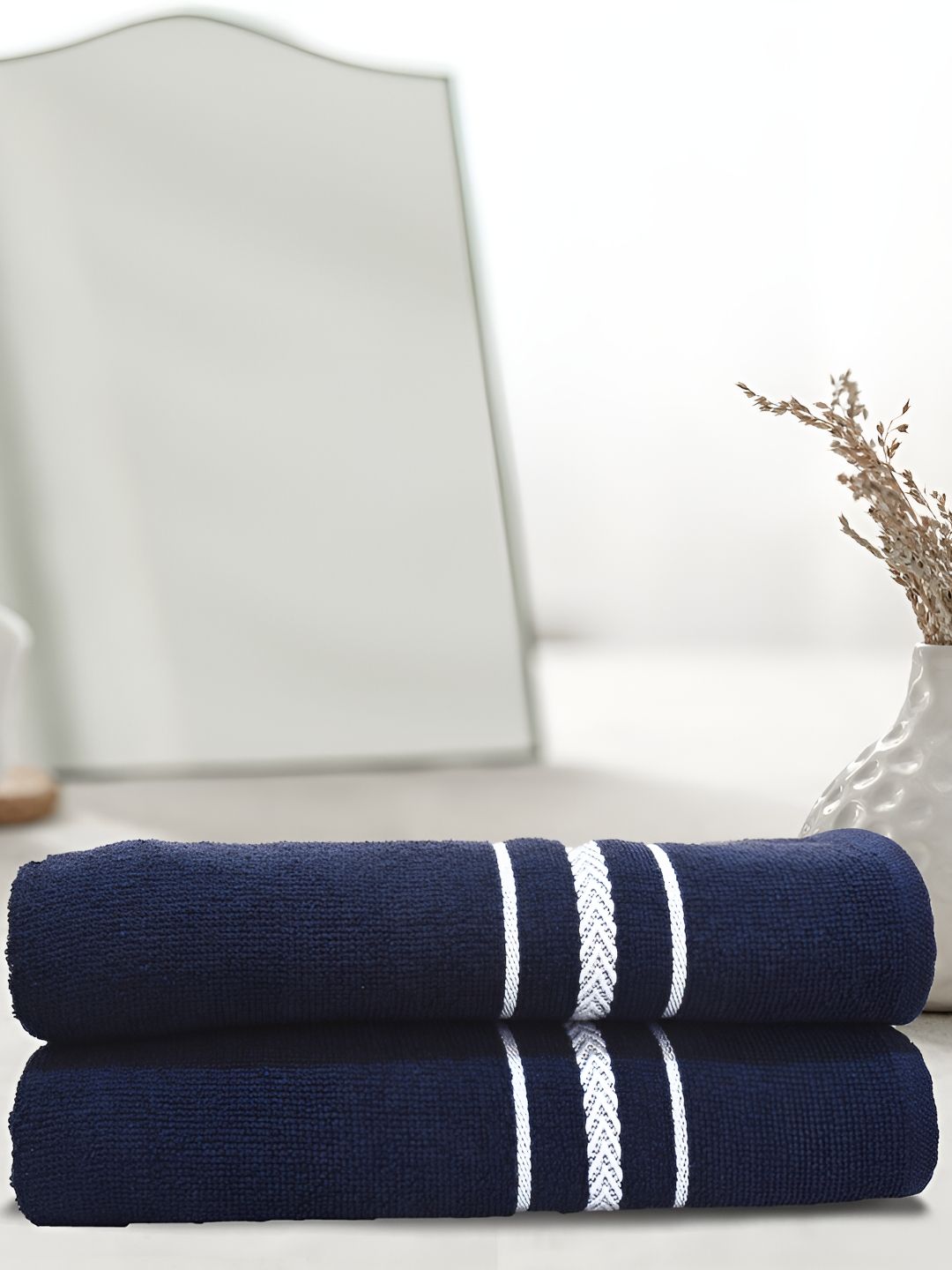 Athom Living Navy Blue & White  2Pieces Cotton 350 GSM Bath Towels