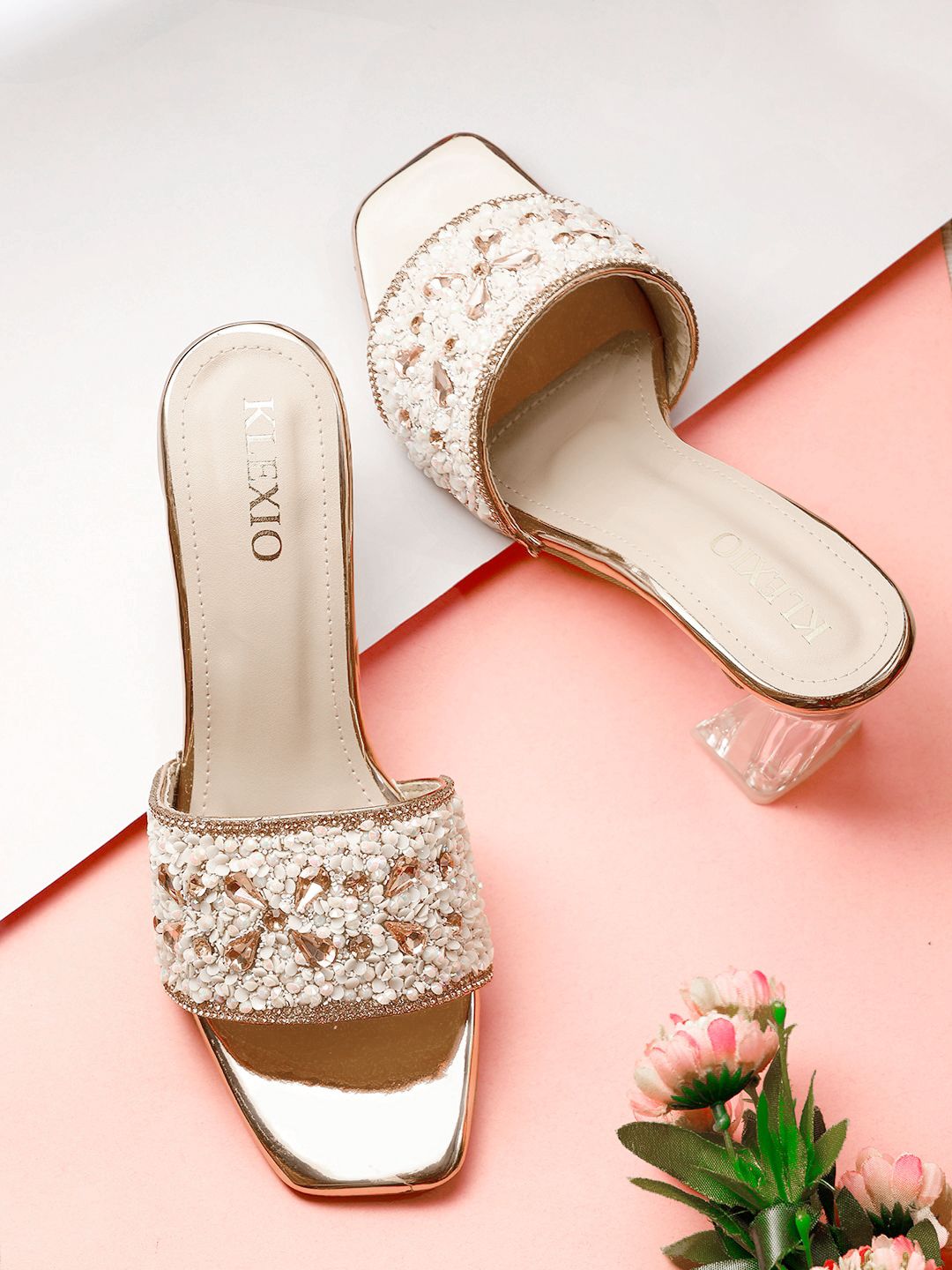 KLEXIO Embellished Open Toe Block Block Heels