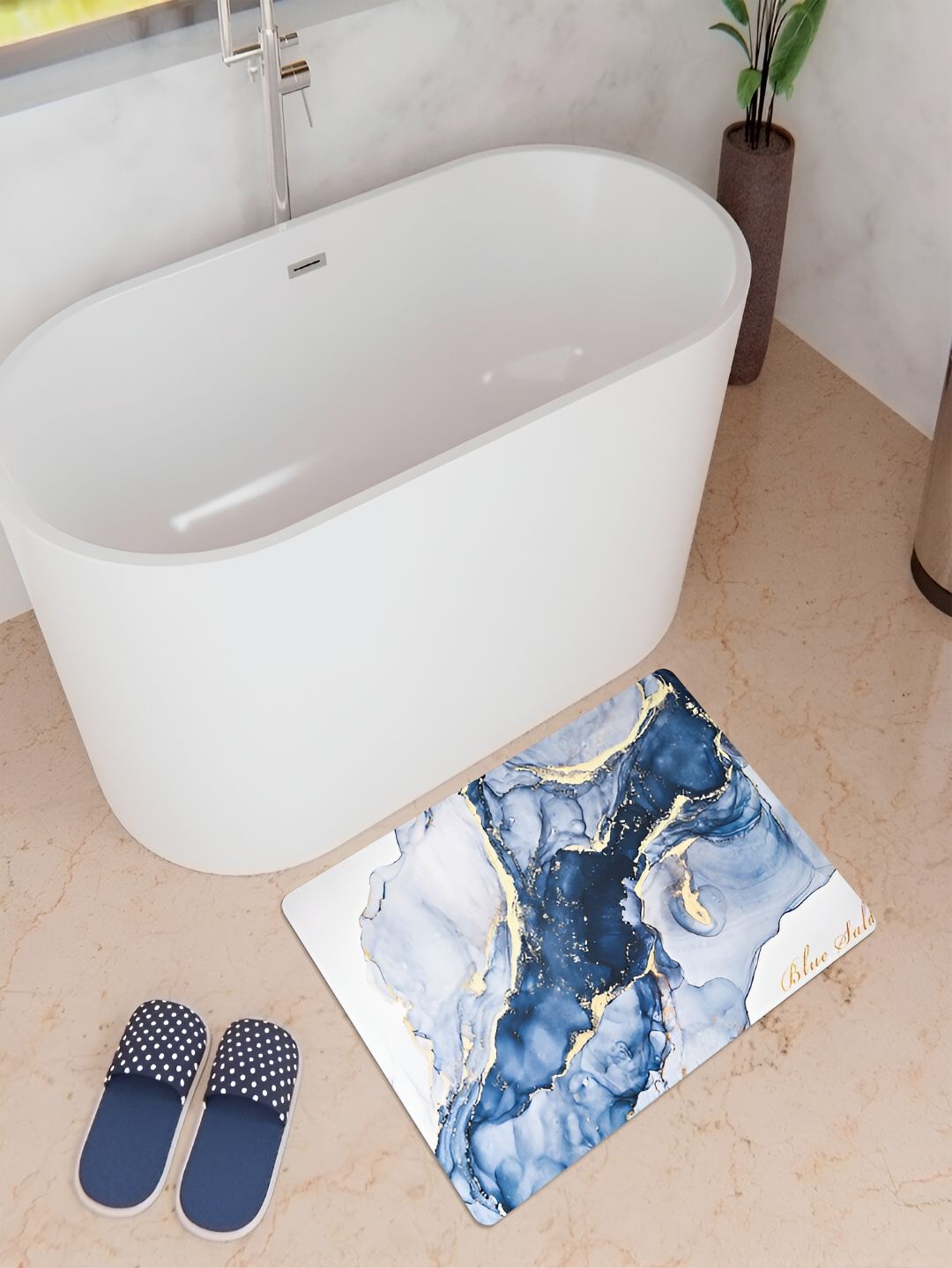 Kuber Industries Blue & White Abstract Printed Anti-Skid Bath Rug