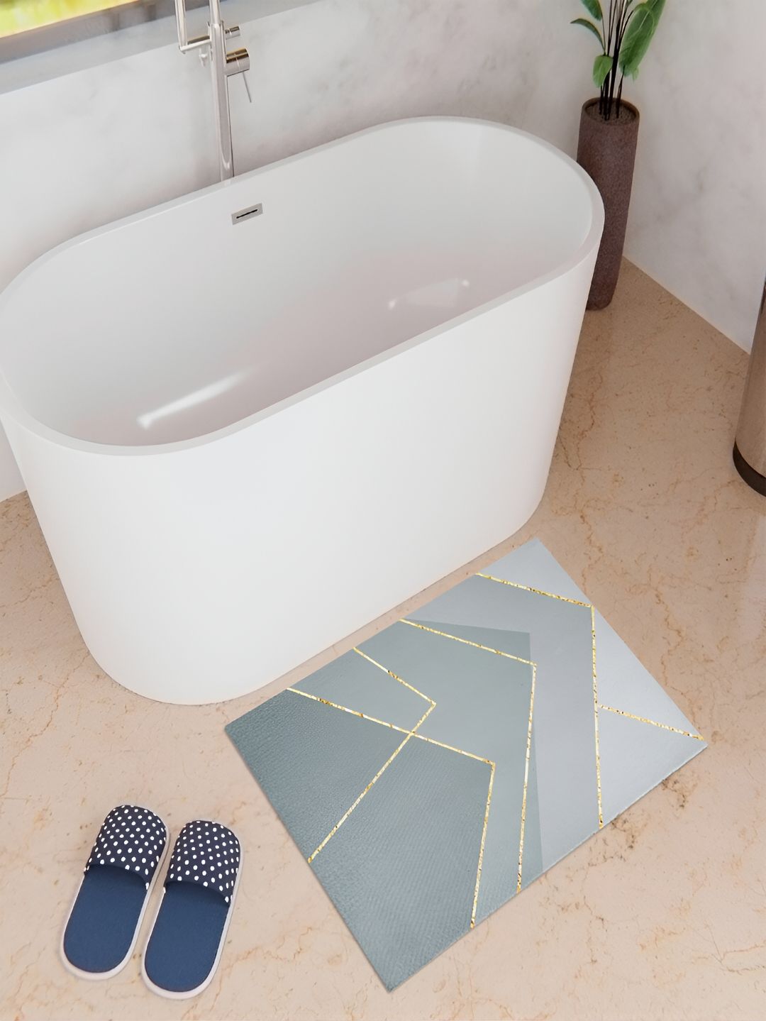 Kuber Industries Grey Abstract Printed Anti-Skid Bath Rug