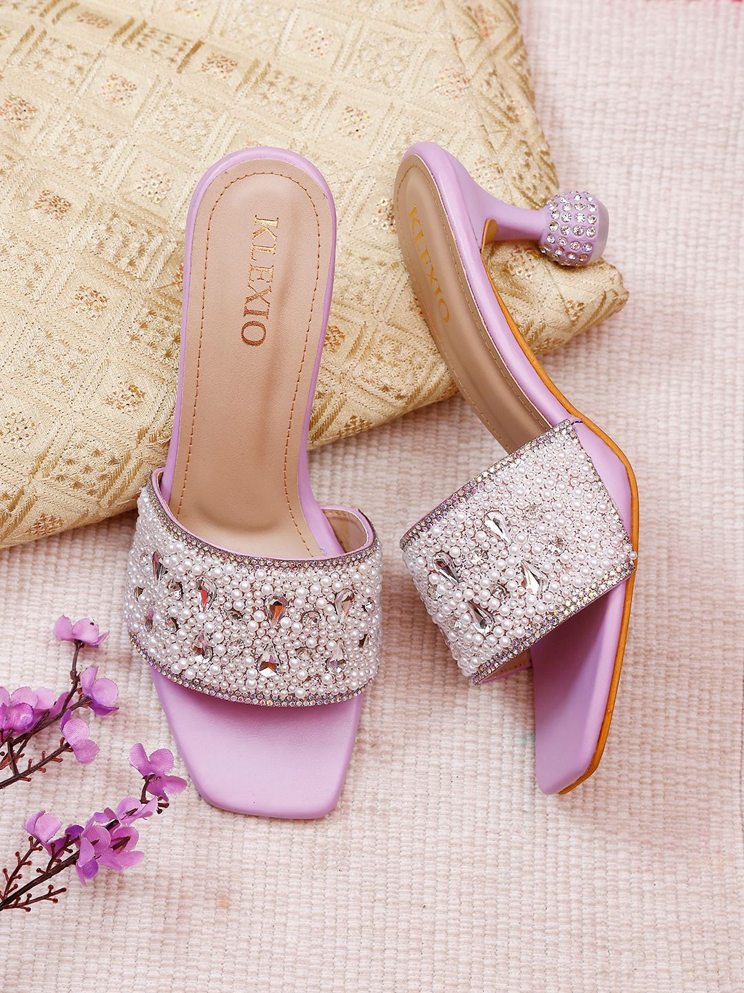 KLEXIO Embellished Open Toe Block Heels