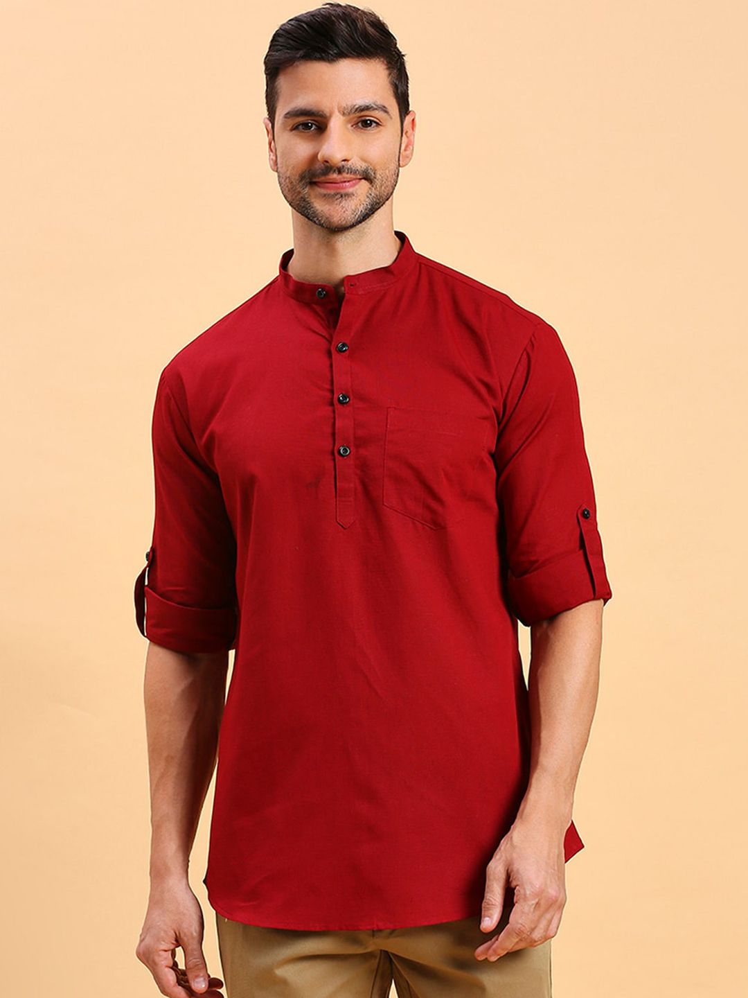 RAJUBHAI HARGOVINDAS Mandarin Collar Roll-Up Sleeves Linen Straight Short Kurta
