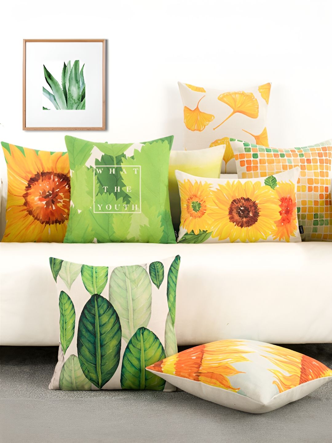 AEROHAVEN Yellow Floral Polyester Washable 5 Piece Square Cushion Covers - 20 x 20 Inches