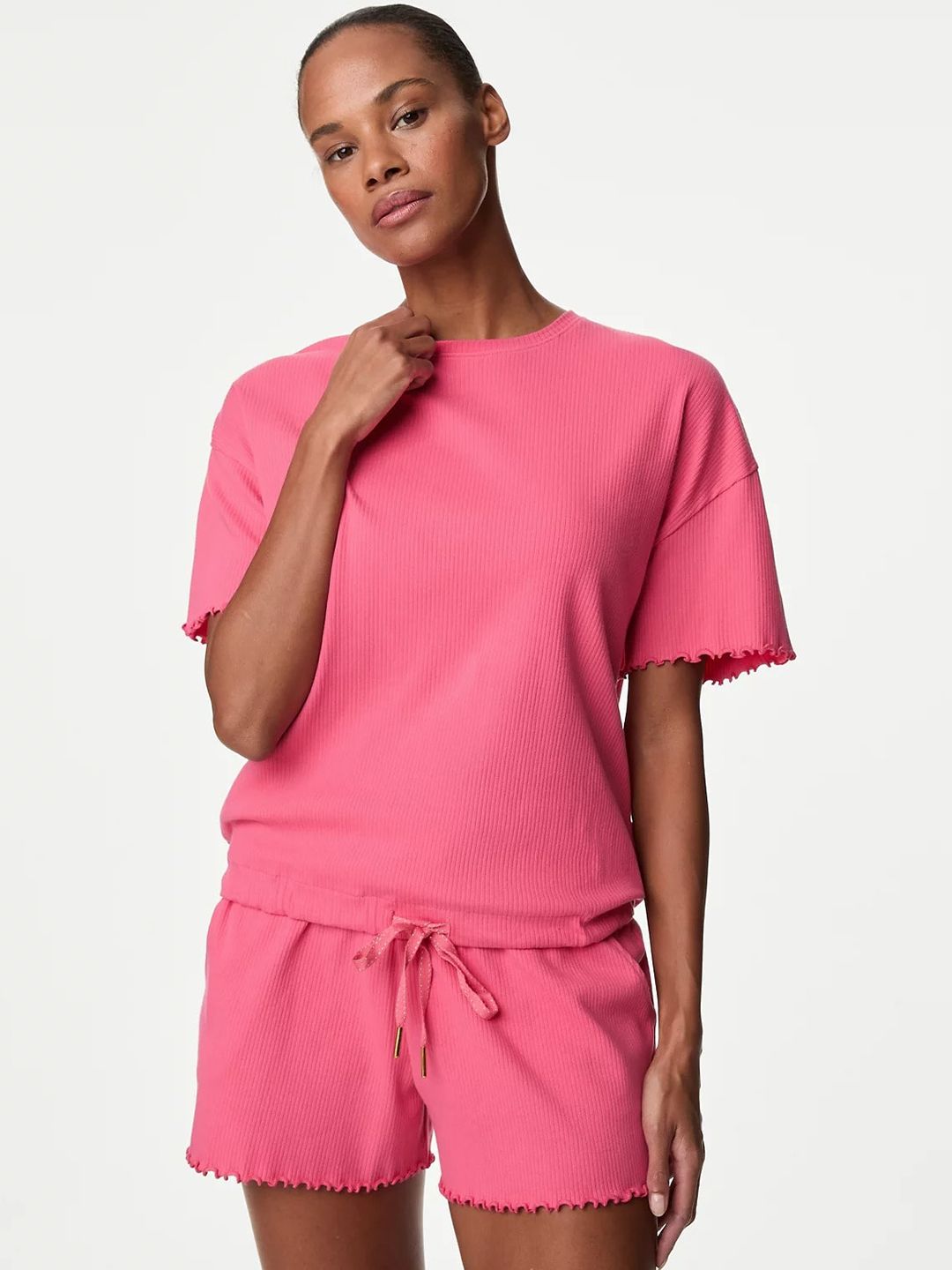 Marks & Spencer Cotton Rich Ribbed Drawstring Lounge Top