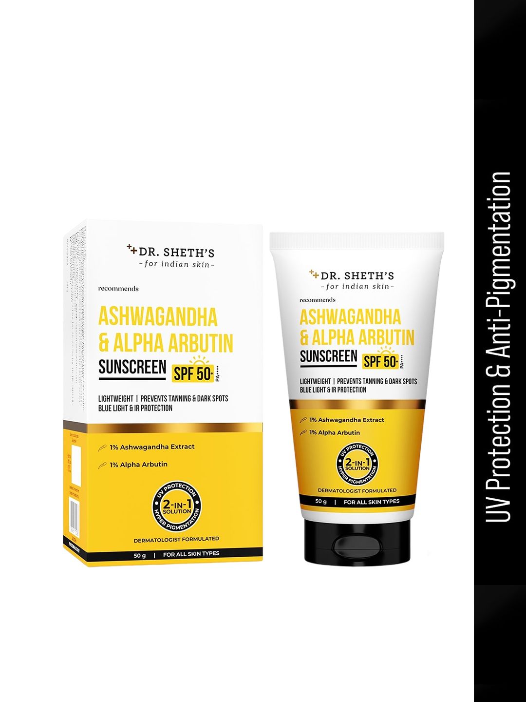 DR. SHETHS Ashwagandha & Alpha Arbutin Sunscreen SPF 50+ PA++++ for Dark Spots - 50 g