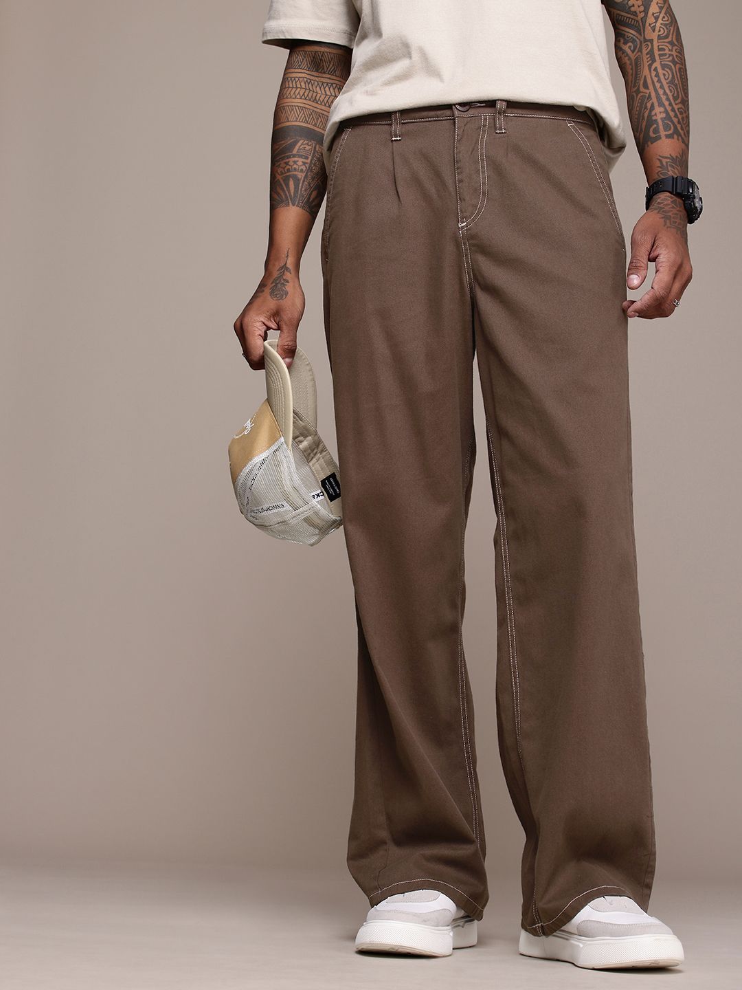 Buy The Roadster Life Co. Men Wide Leg Pure Cotton Chinos Trousers