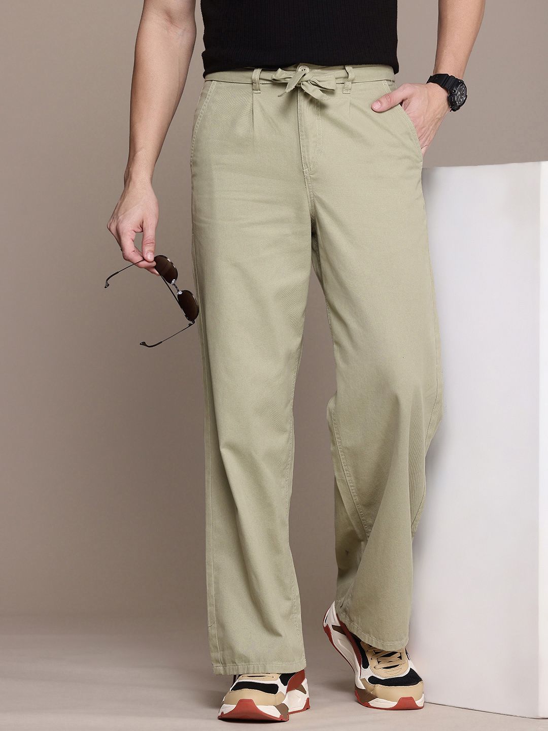 Buy The Roadster Life Co. Men Wide Leg Pure Cotton Chinos Trousers