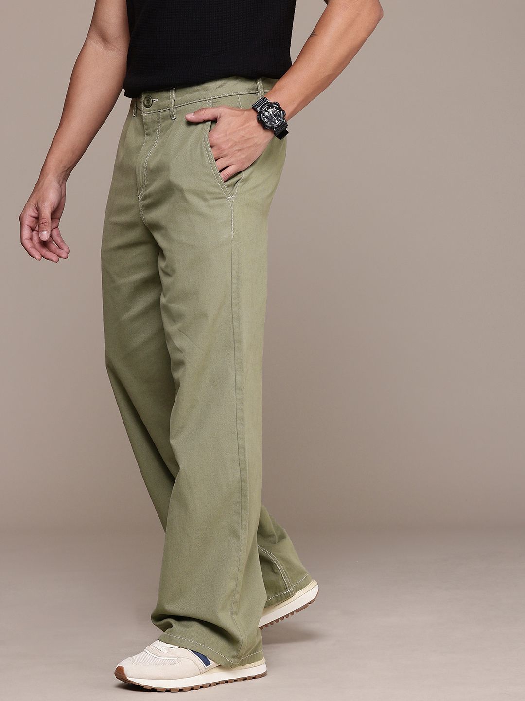 Buy The Roadster Life Co. Men Wide Leg Pure Cotton Chinos Trousers