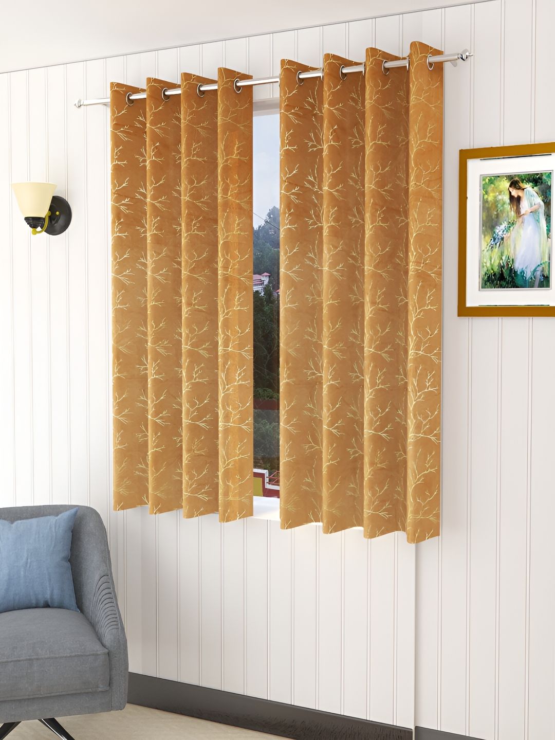Aura Aura Beige & Gold-Toned 2 Pieces Floral Velvet Room Darkening Window Curtains