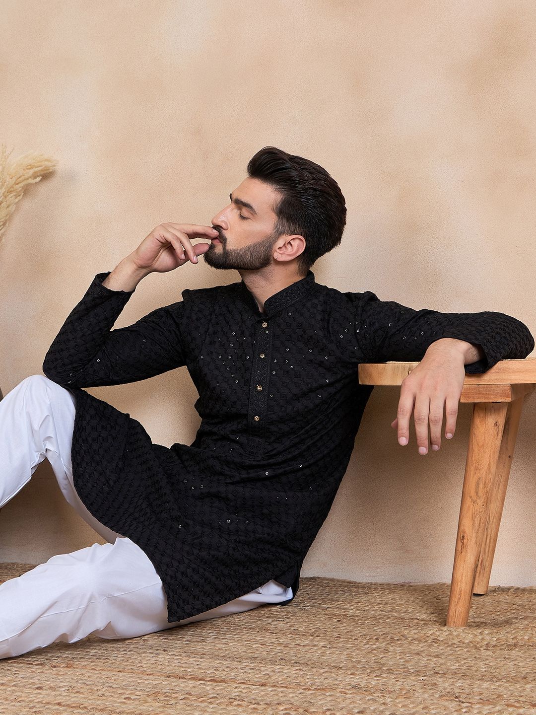 House of Pataudi Ethnic Motifs Embroidered Sequined Mandarin Collar Straight Kurta
