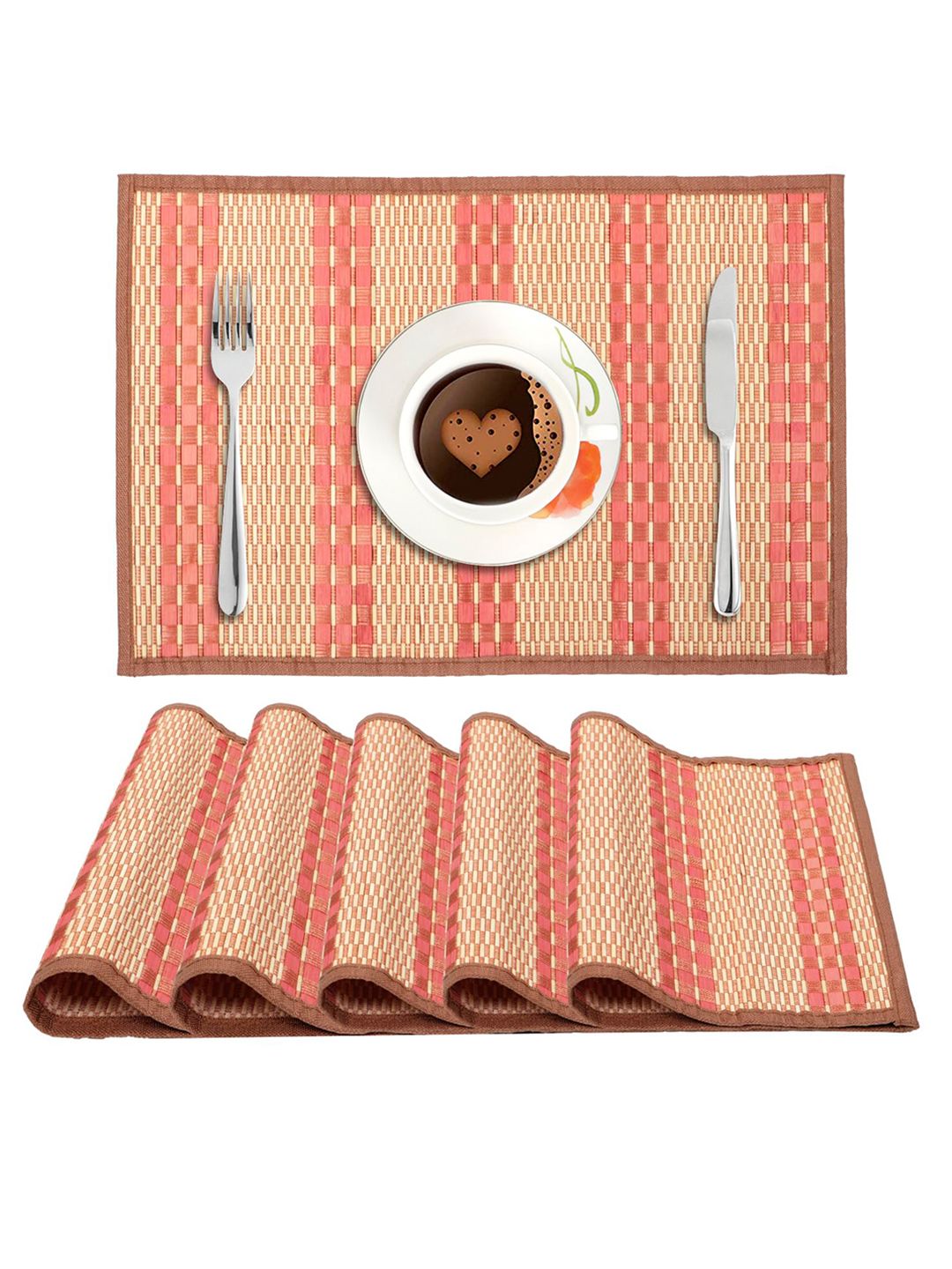 HOKIPO 6 Pieces Peach-Coloured & Beige Geometric Bamboo Table Placemats