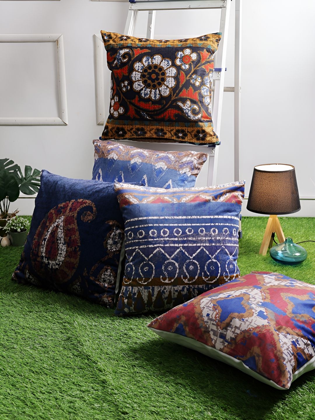 Aura Blue Ethnic Motifs Velvet Washable 5 Piece Square Cushion Covers -16x16In