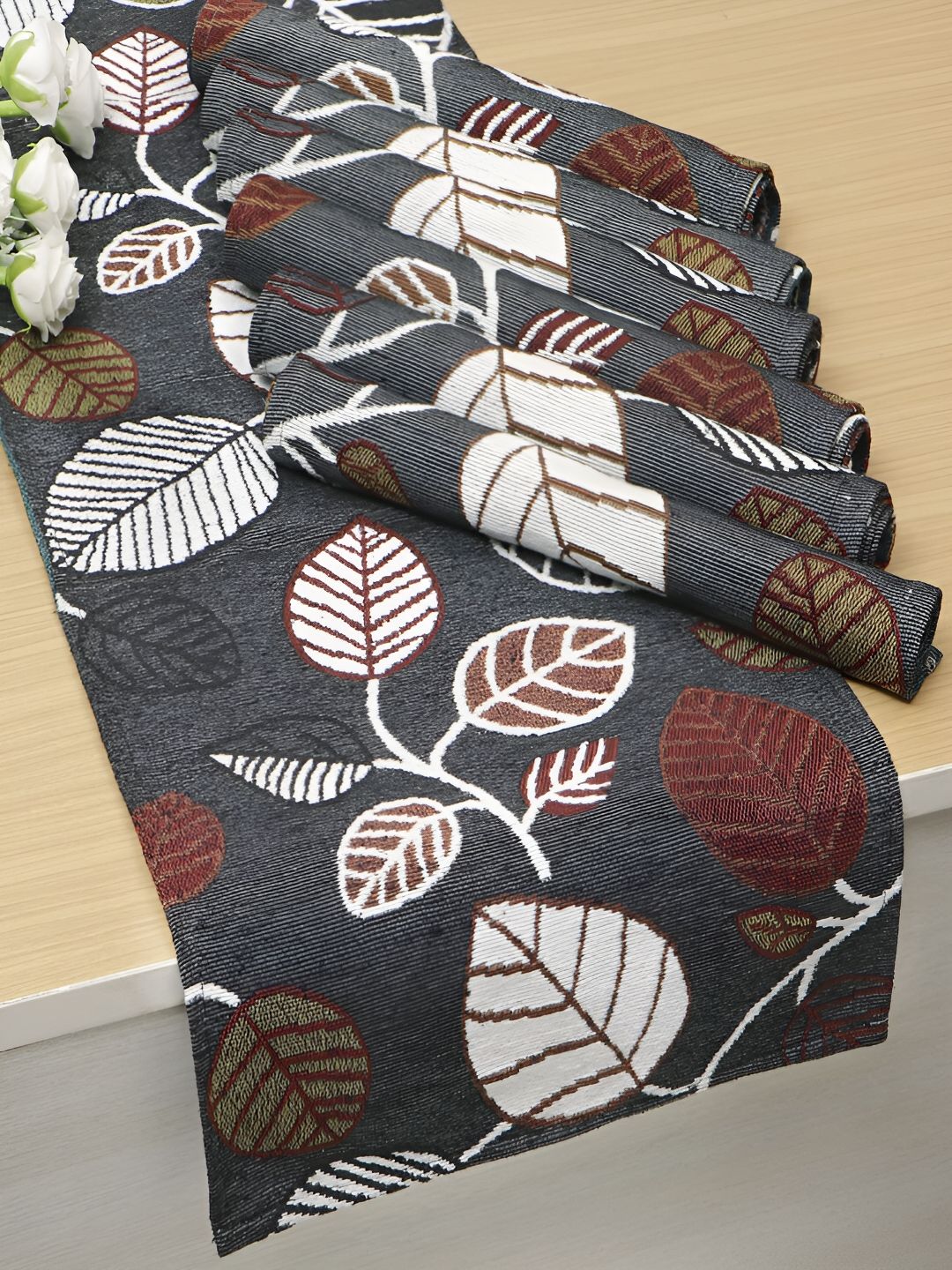 HOKIPO 7 Pieces Grey & White Floral Cotton Table Placemats With Runner