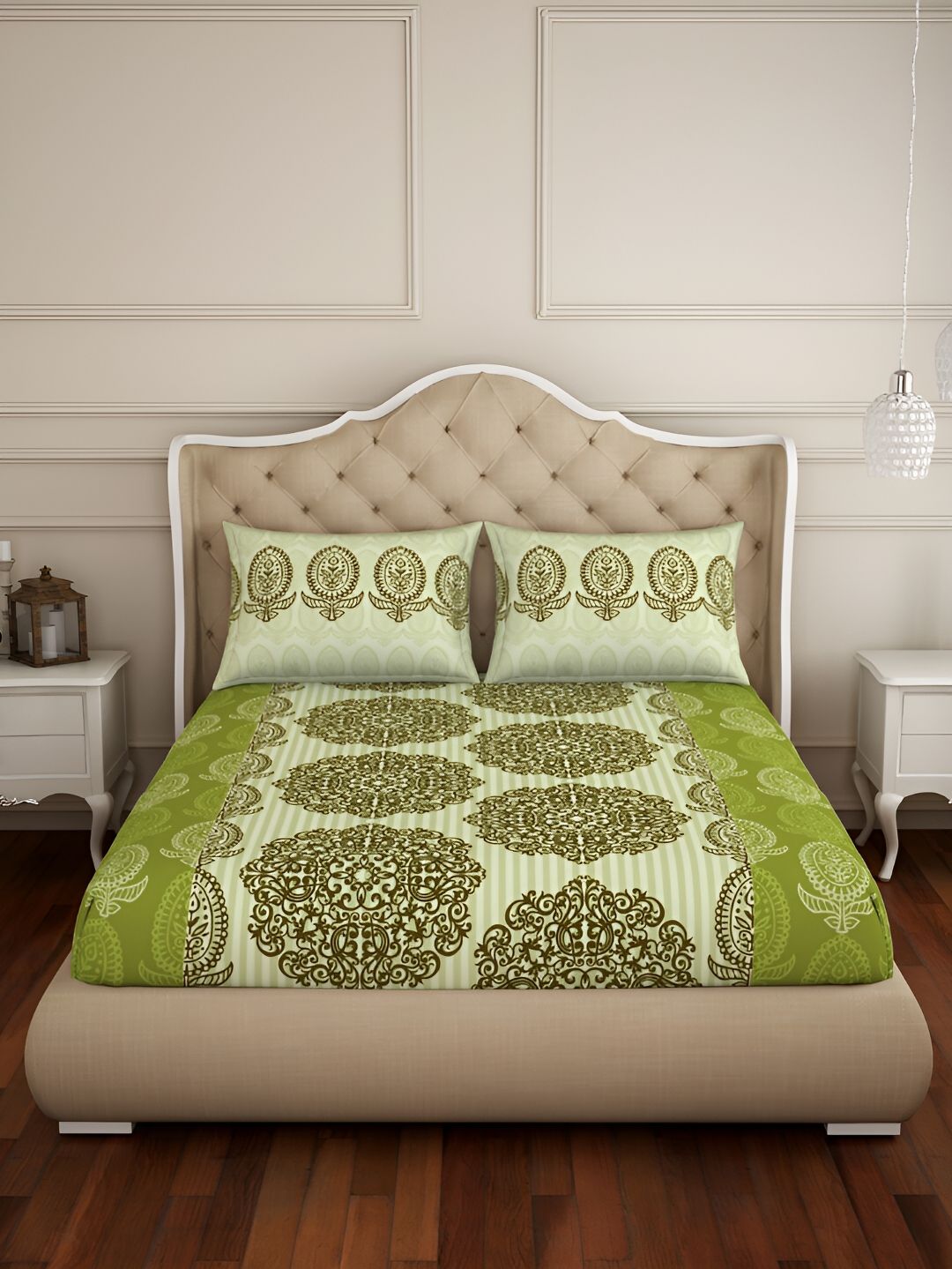 SPACES SPACES Atrium Green Ethnic Motifs Cotton 144TC Queen Bedsheet Set 88 x 100 Inches
