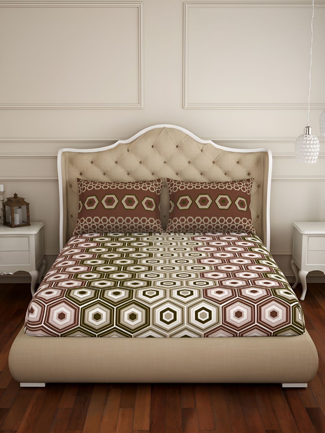 SPACES SPACES Atrium Brown Geometric Cotton 144TC Queen Bedsheet Set 88 x 100 Inches