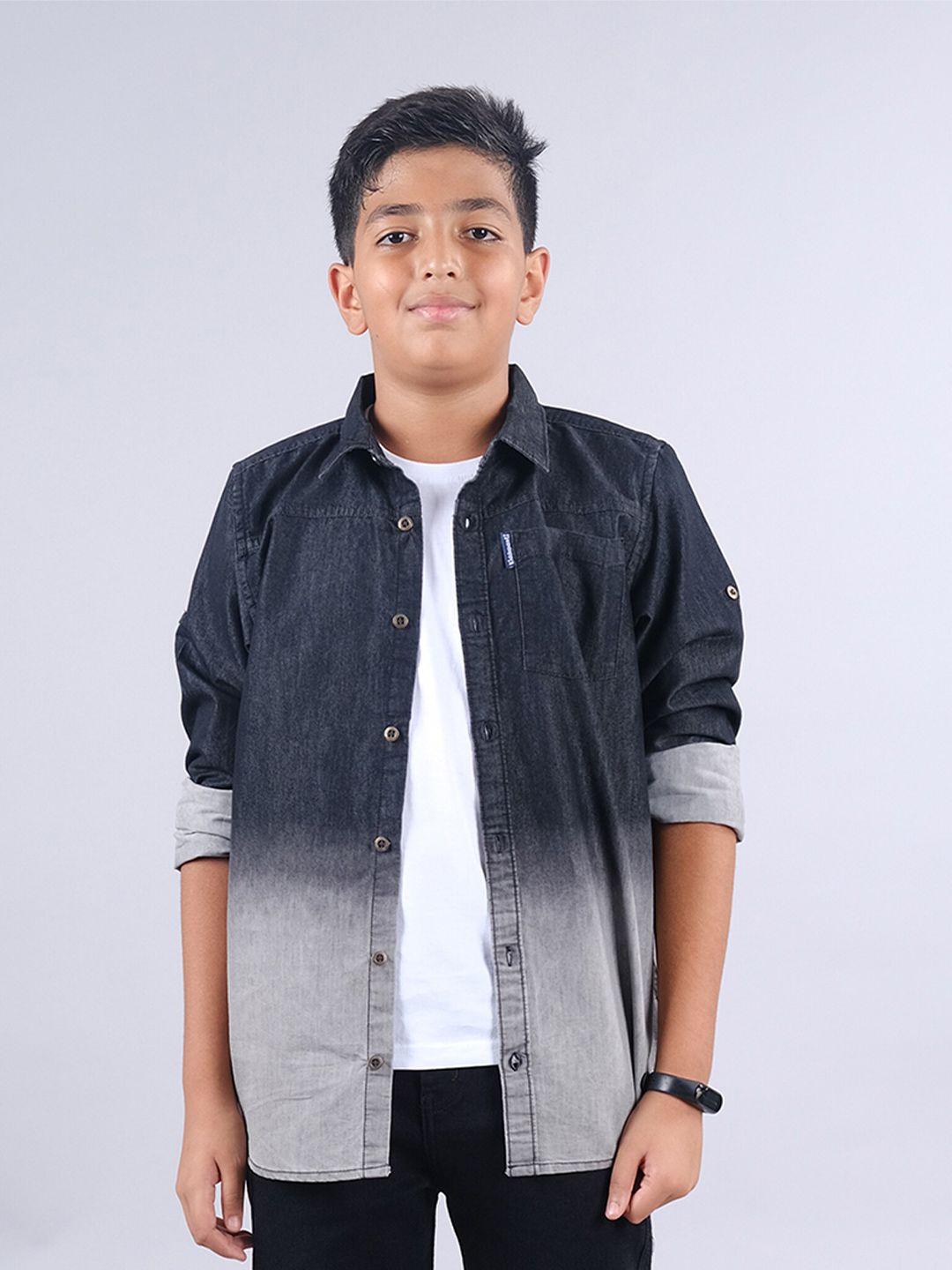 KiddoPanti Boys Regular Fit Dyed Opaque Denim Casual Shirt