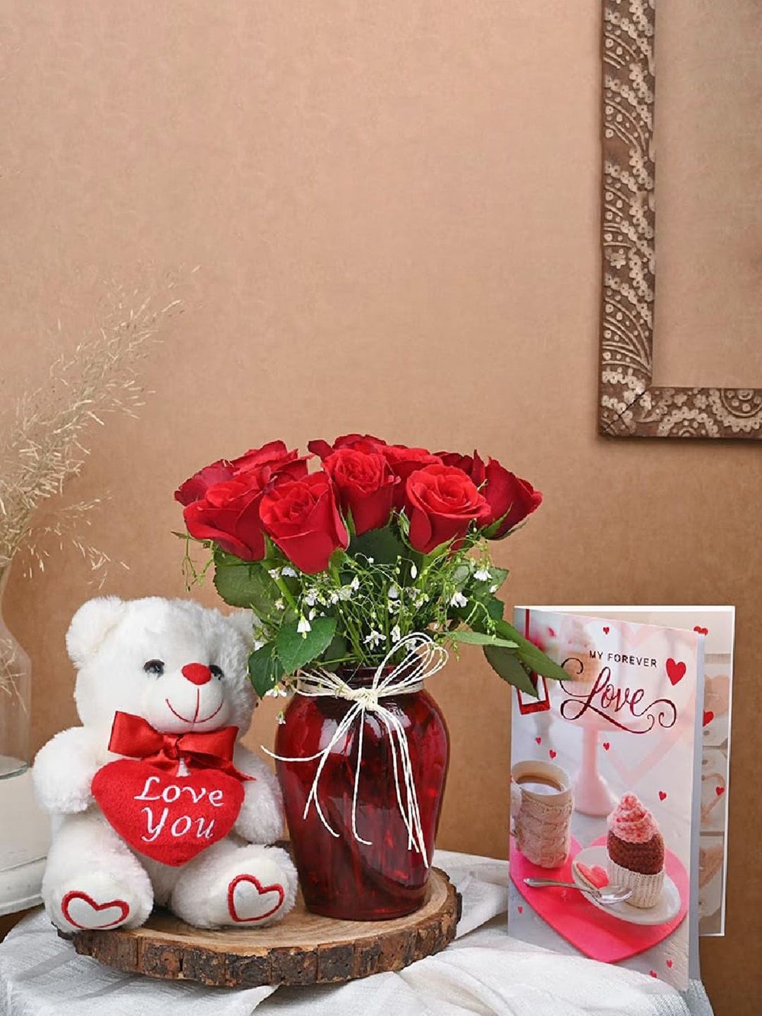 Floweraura Red 13 Pieces Roses In Glass Vase With Teddy Bear & Love Card
