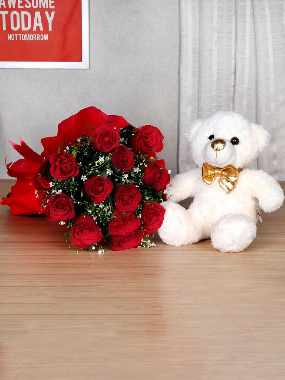 Floweraura Red Flowers 12 Pieces Bouquet Fresh Live Roses With Teddy Bear
