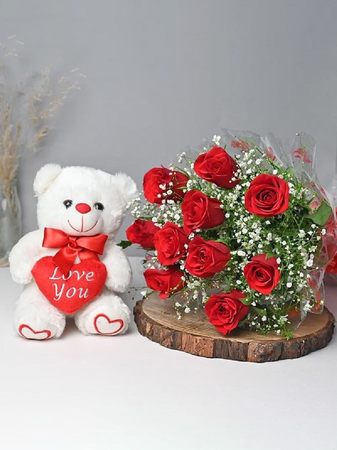 Floweraura Red & White 10 Pieces Fresh Live Roses With Teddy