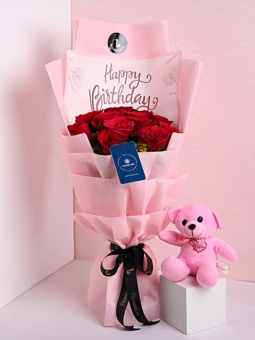 Floweraura Red 13 Pieces Fresh Live Roses With Teddy