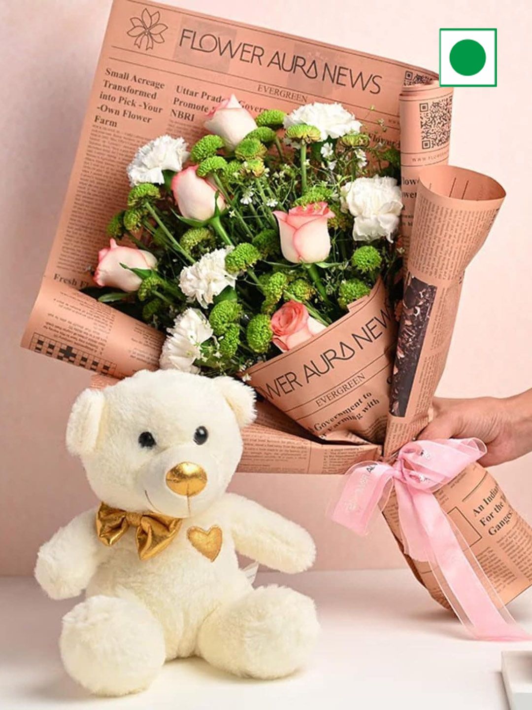 Floweraura Pink 15 Pieces Flower Bouquet Roses & Carnation Stems Of Daisy With Teddy