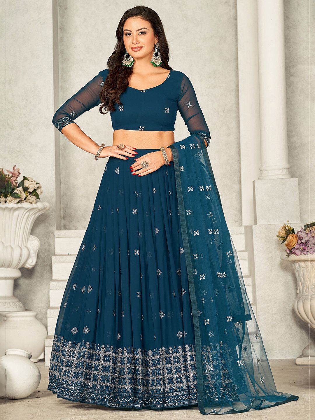 Warthy Ent Embroidered Sequinned Semi-Stitched Lehenga & Unstitched Blouse With Dupatta