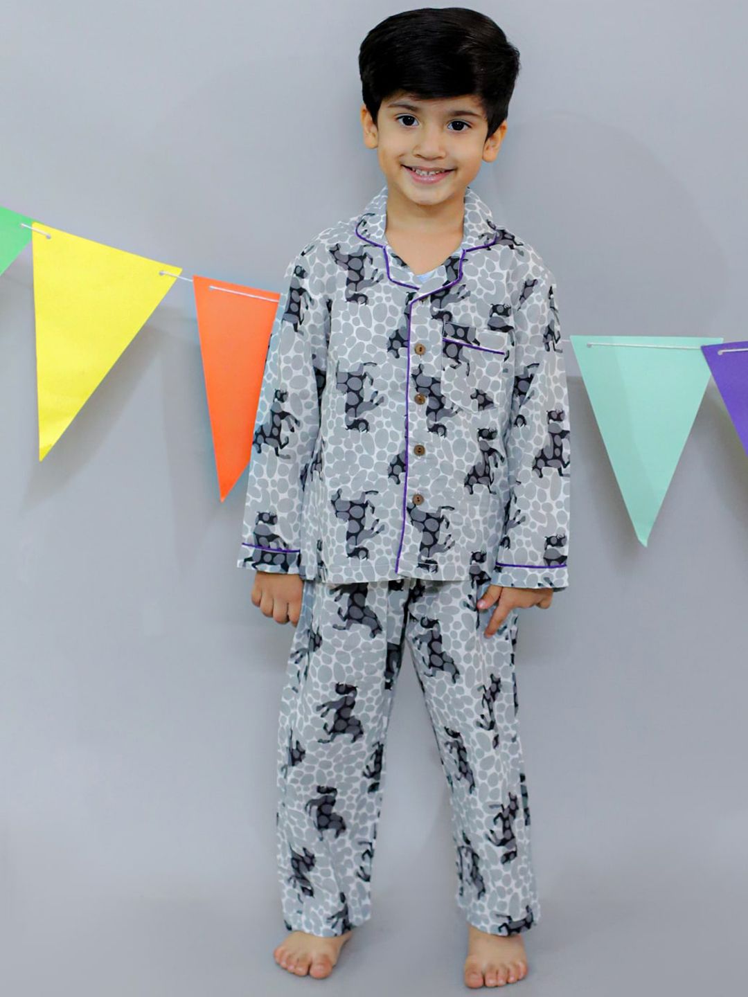 UNBIND Boys Graphic Printed Lapel Collar Pure Cotton Night suit