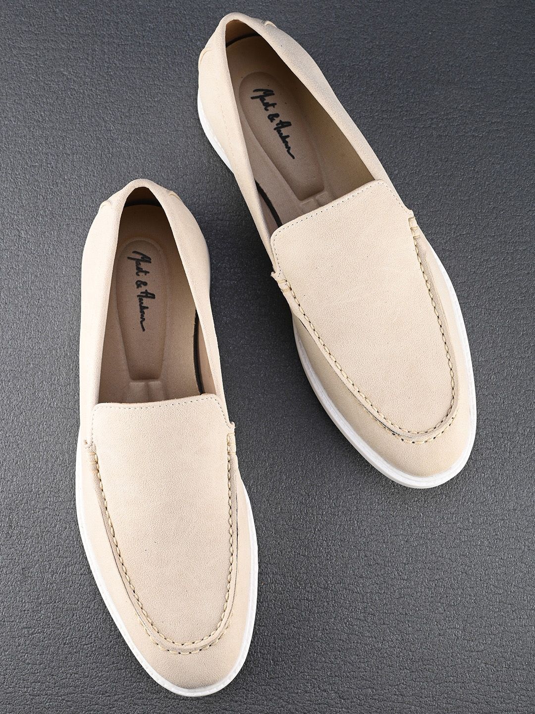 Mast & Harbour Men Cream-Coloured Round Toe Memory Foam Suede Loafers