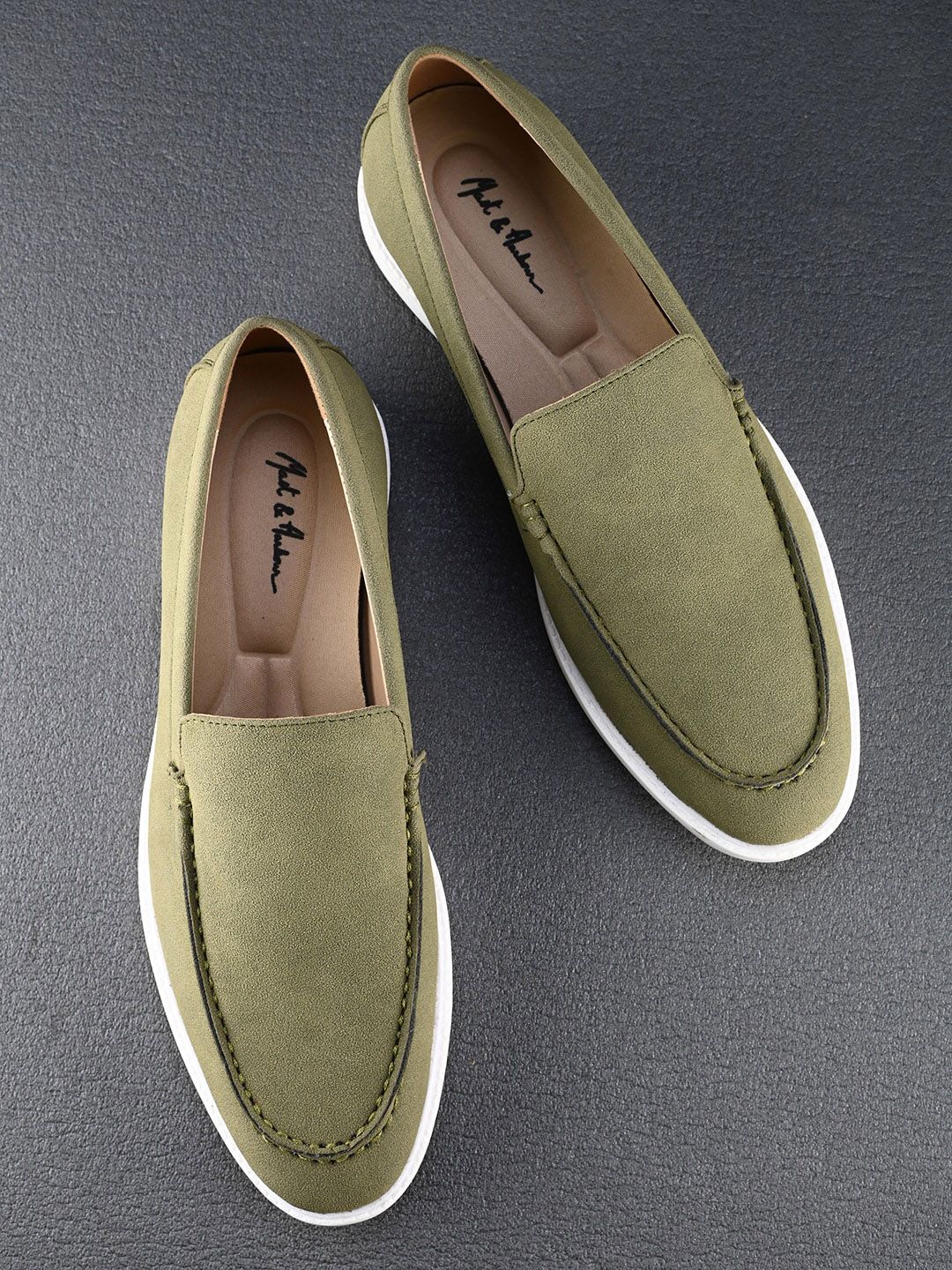 Mast & Harbour Men Olive Green Round Toe Memory Foam Suede Loafers