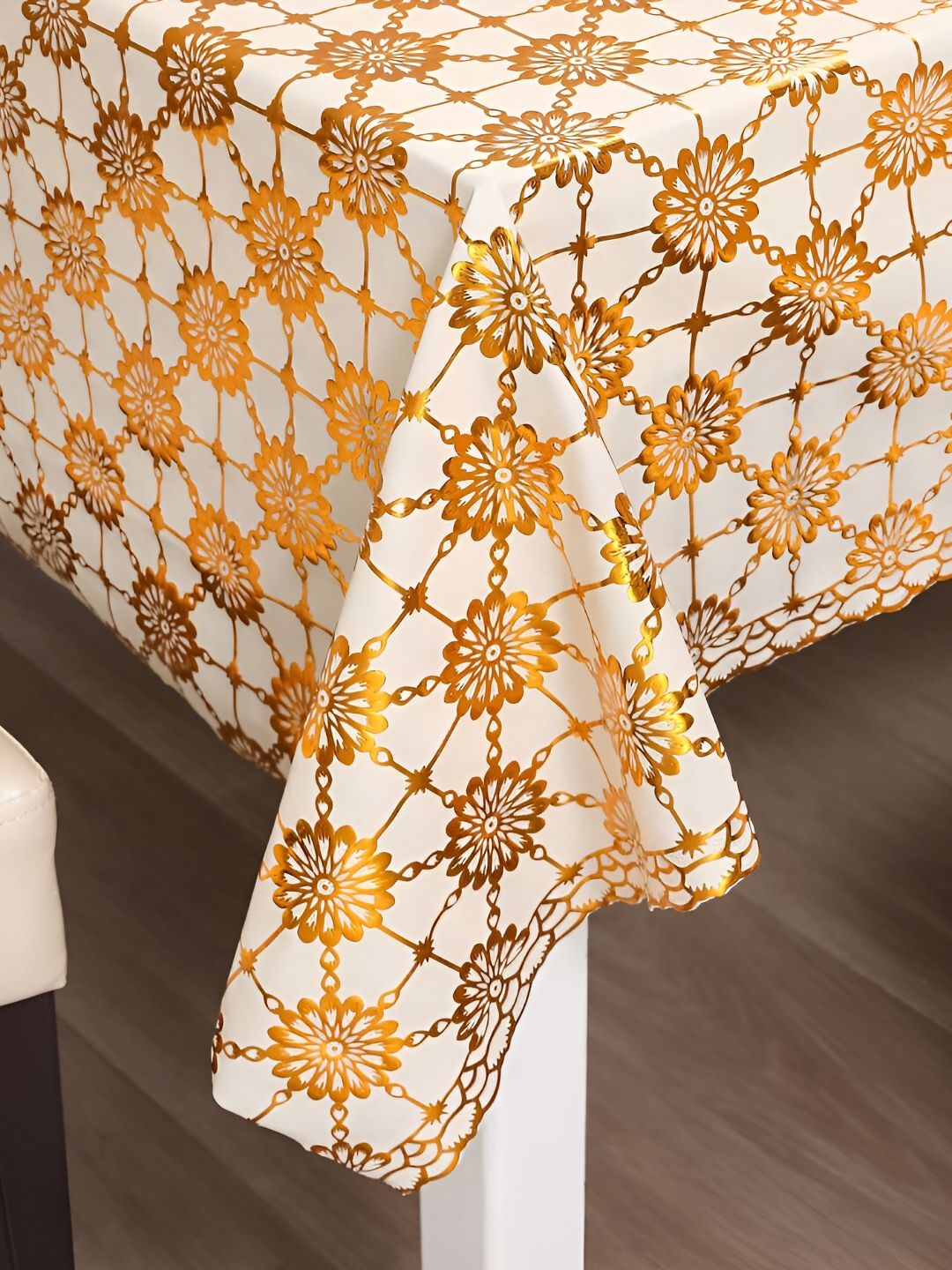 HOKIPO Gold Toned & White 8 Seater Floral Rectangle Table Cover