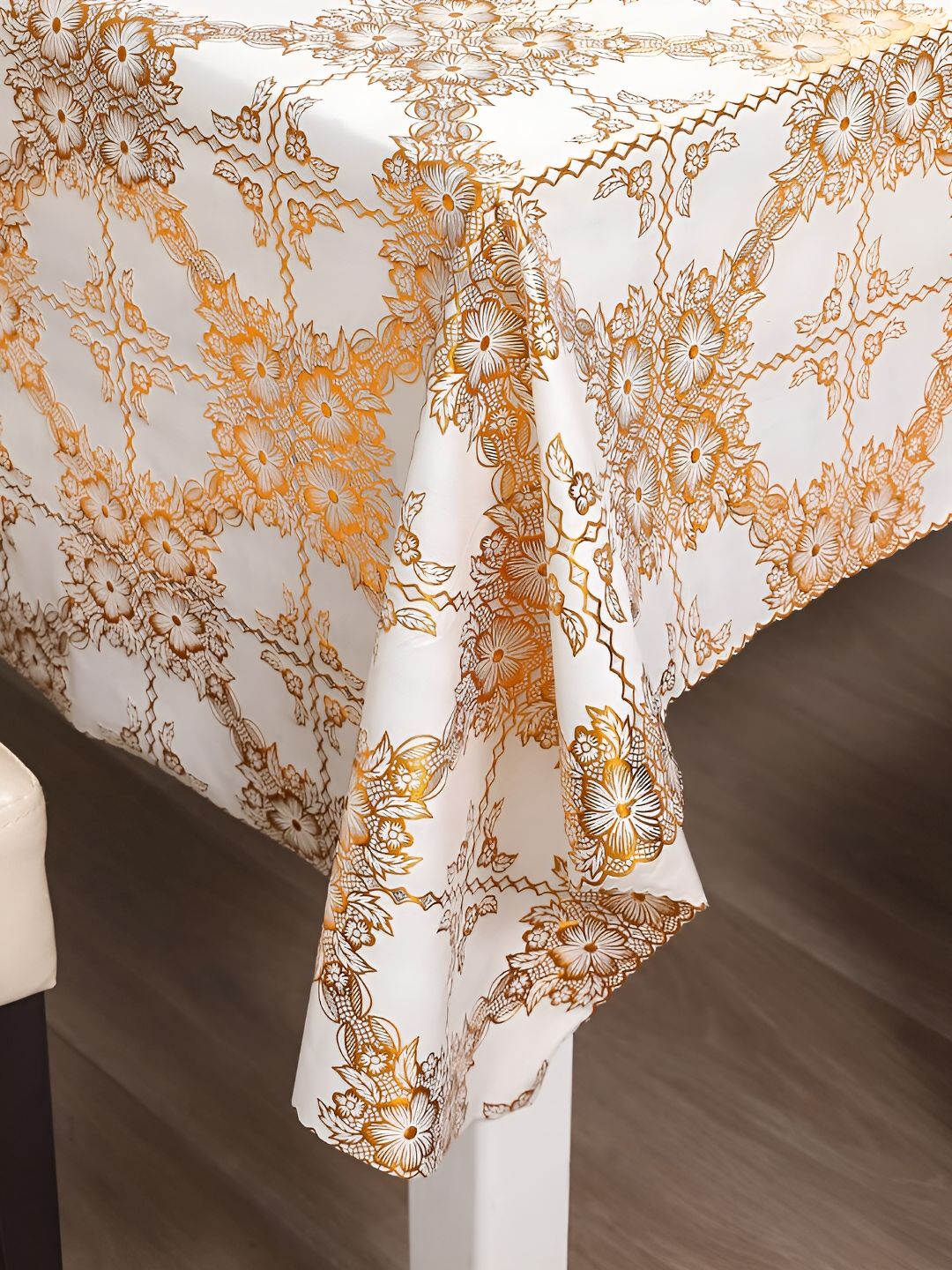 HOKIPO Gold Toned & White 8 Seater Ethnic Motifs Rectangle Table Cover