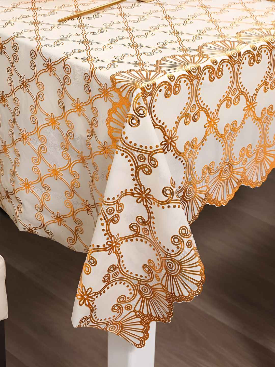 HOKIPO Gold Toned & White 8 Seater Ethnic Motifs Rectangle Table Cover