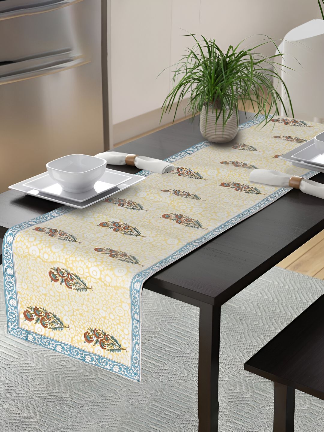 Ratan Cart Yellow & Red Floral Printed Pure Cotton Table Runner