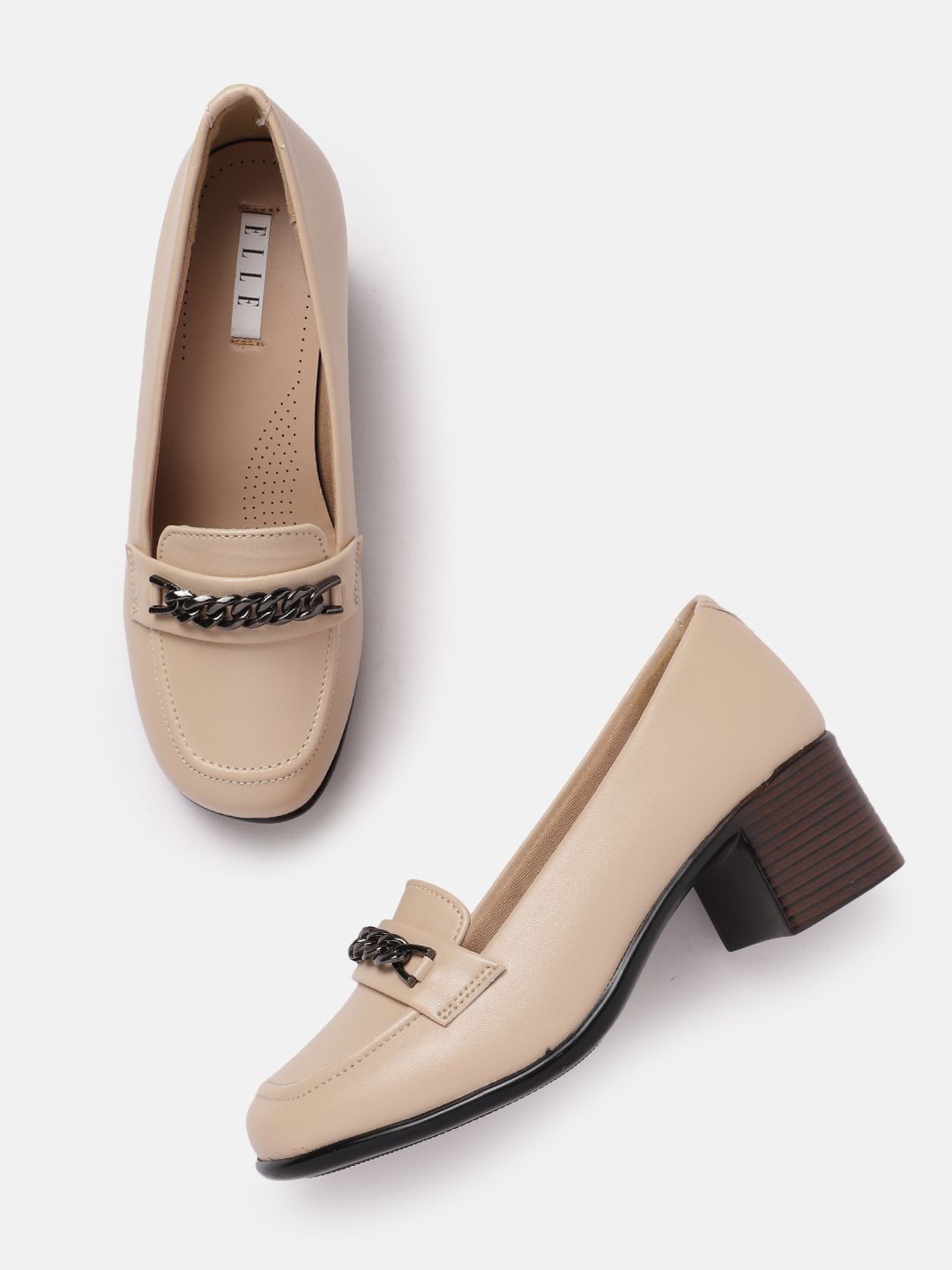 ELLE Chain Detail Block Heel Pumps